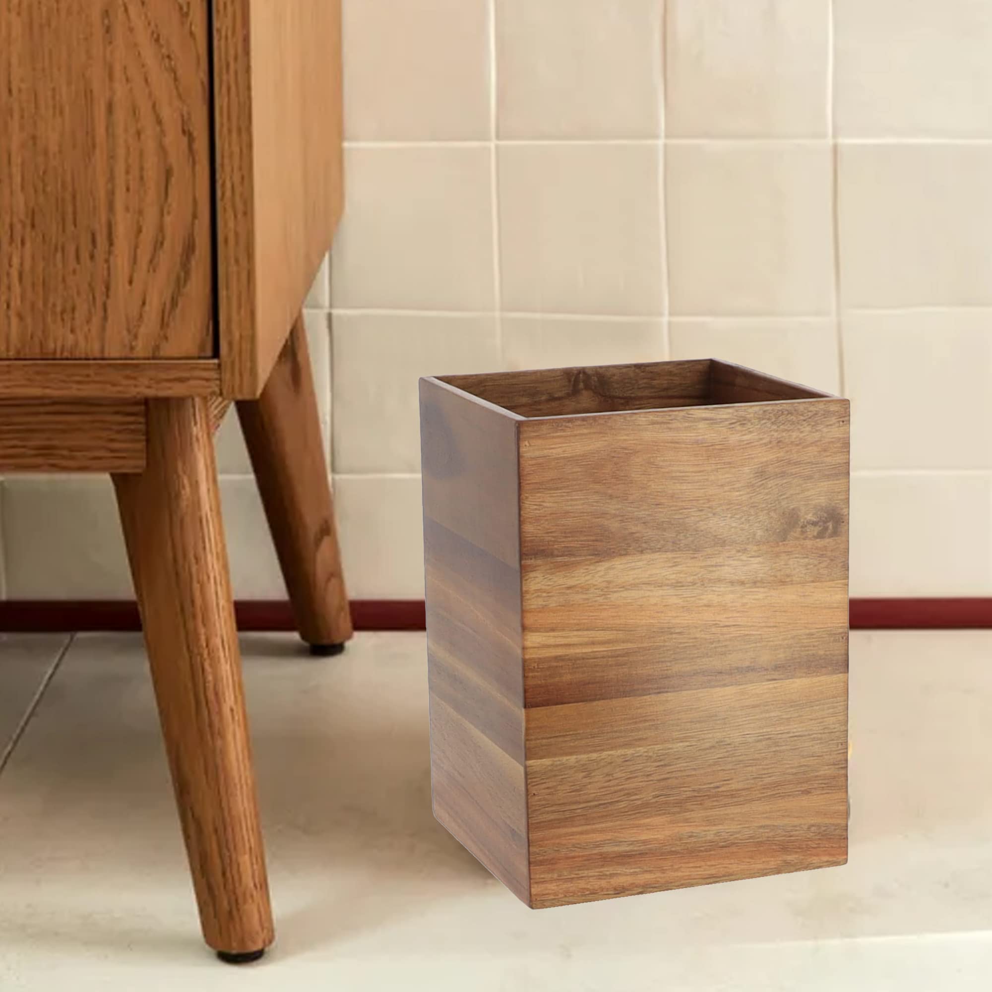 Acacia Square Waste Basket for Bathroom/Bedroom - 2 Gallons (7.5 Liters) - Elegant Design - Perfect for Home & Office - Compact & Durable - Easy to Clean