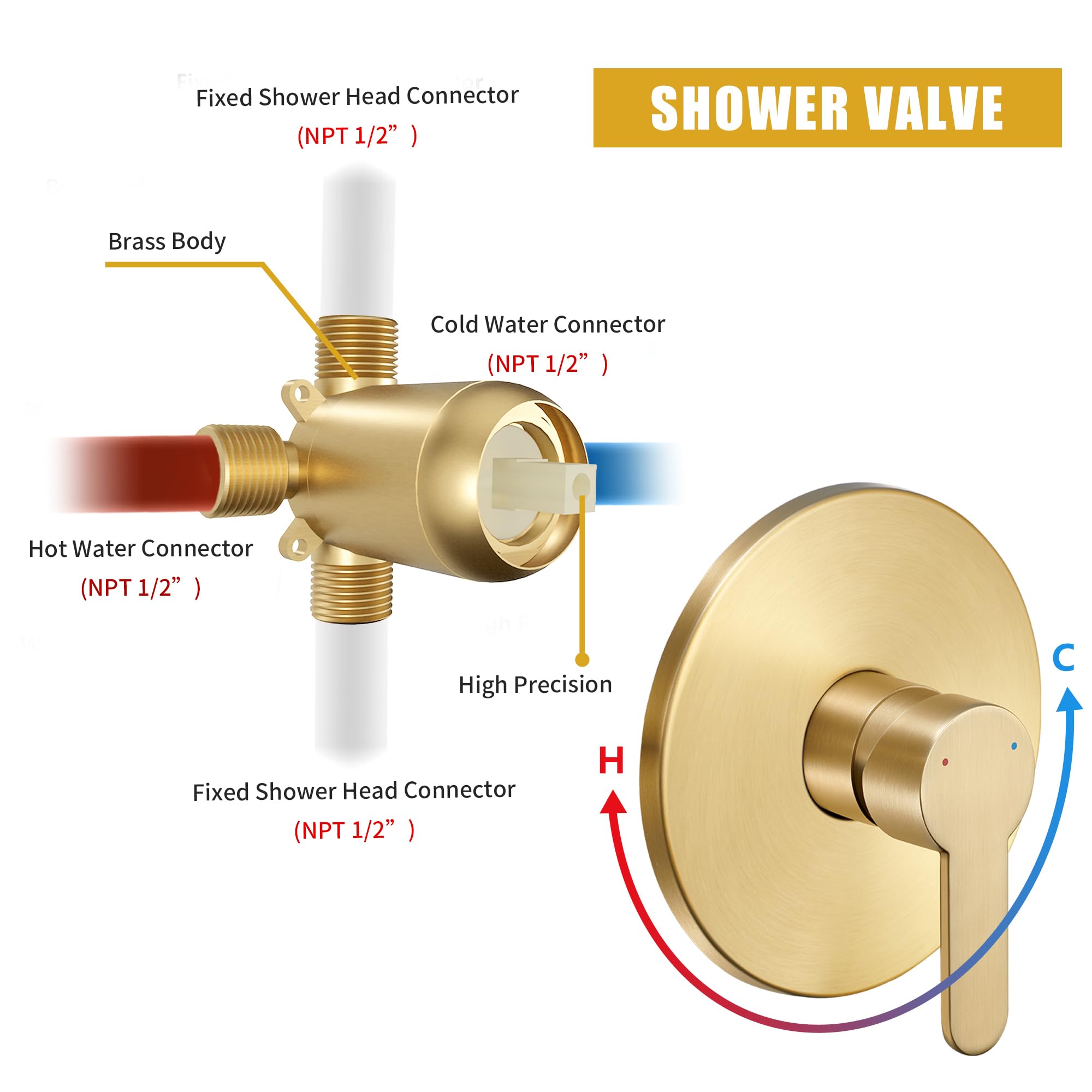 Tohlar Gold Shower Faucet Set with Tub Spout, Bathtub and Shower Faucet Combo Kit, 6-Inch Rain Shower Head and Faucet Set with Valve, Brushed Gold