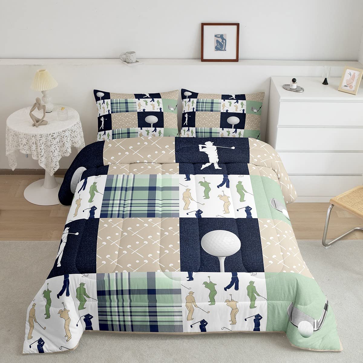 Castle Fairy Golf Plaid Comforter Set Twin Size,Ball Sports Lover Style Bedding Set for Kids Boys Men,Green Buffalo Grid Geometric Quilted Duvet Set with 1 Pillowcase