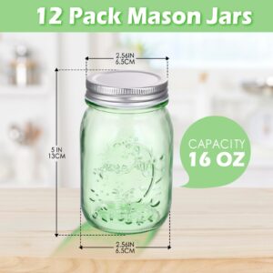 Pinkunn 12 Pcs Mason Jars with Lids 16 Oz Regular Mouth Pint Canning Jars Vintage Glass Jars Bulk Airtight Multifunction Mason Jars for Storage Canning Pickling Preserving Fermenting DIY Craft (Green)