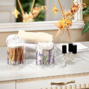 ALAZA Purple Toothbrush Holder 2 Pack Qtip Holder Dispenser for Cotton Ball Lavender Flower Purple Cotton Swab Round Pads Clear Plastic Acrylic Jar Set Bathroom Canister