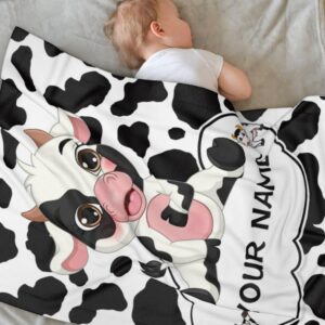 BLYIUKR Personalized Cow Print Blanket for Baby Kids with Name, Custom Cow Print Stuff Bedding Decor Sofa Cow Throw Blankets for Girls Boys Daughter Christmas Birthday Gifts