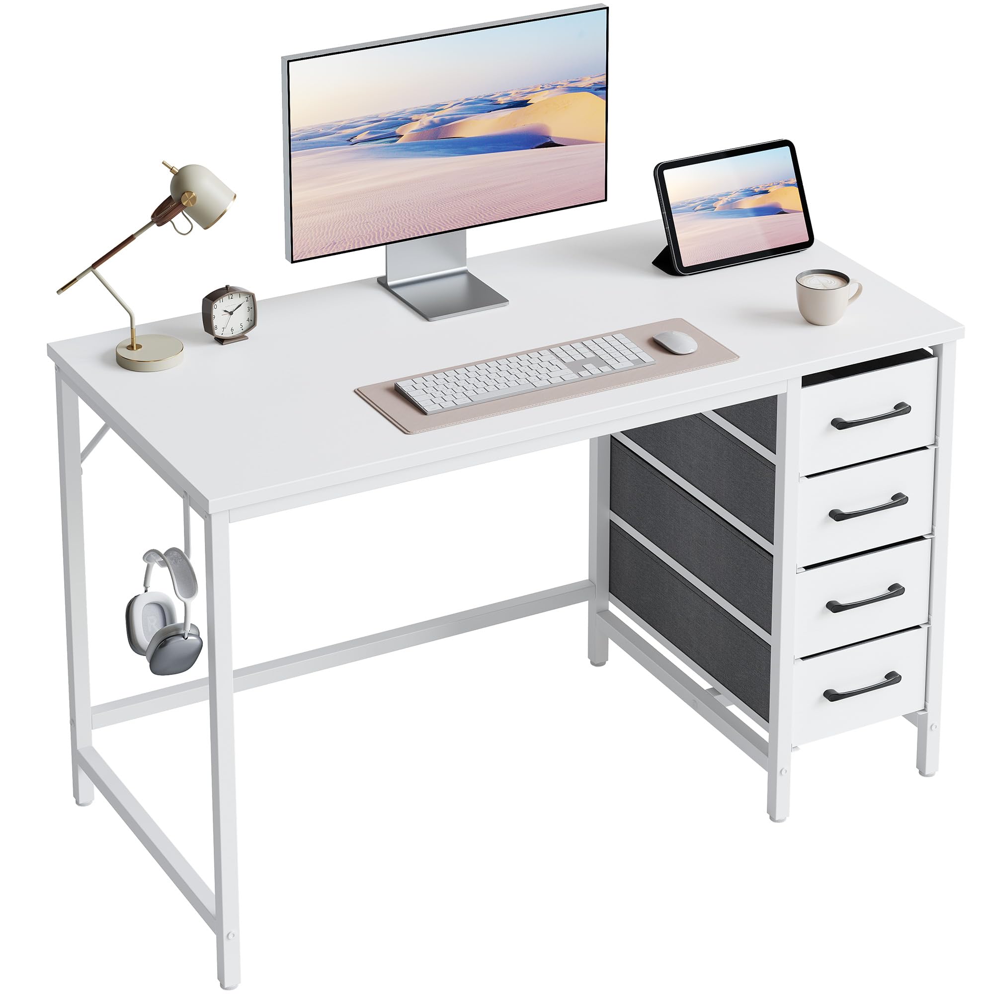 CubiCubi 40 Inch Computer Reversible Desk with 4 Storage Drawers, Small Home Office Kids Student Writing Study Work Table for Bedroom, White