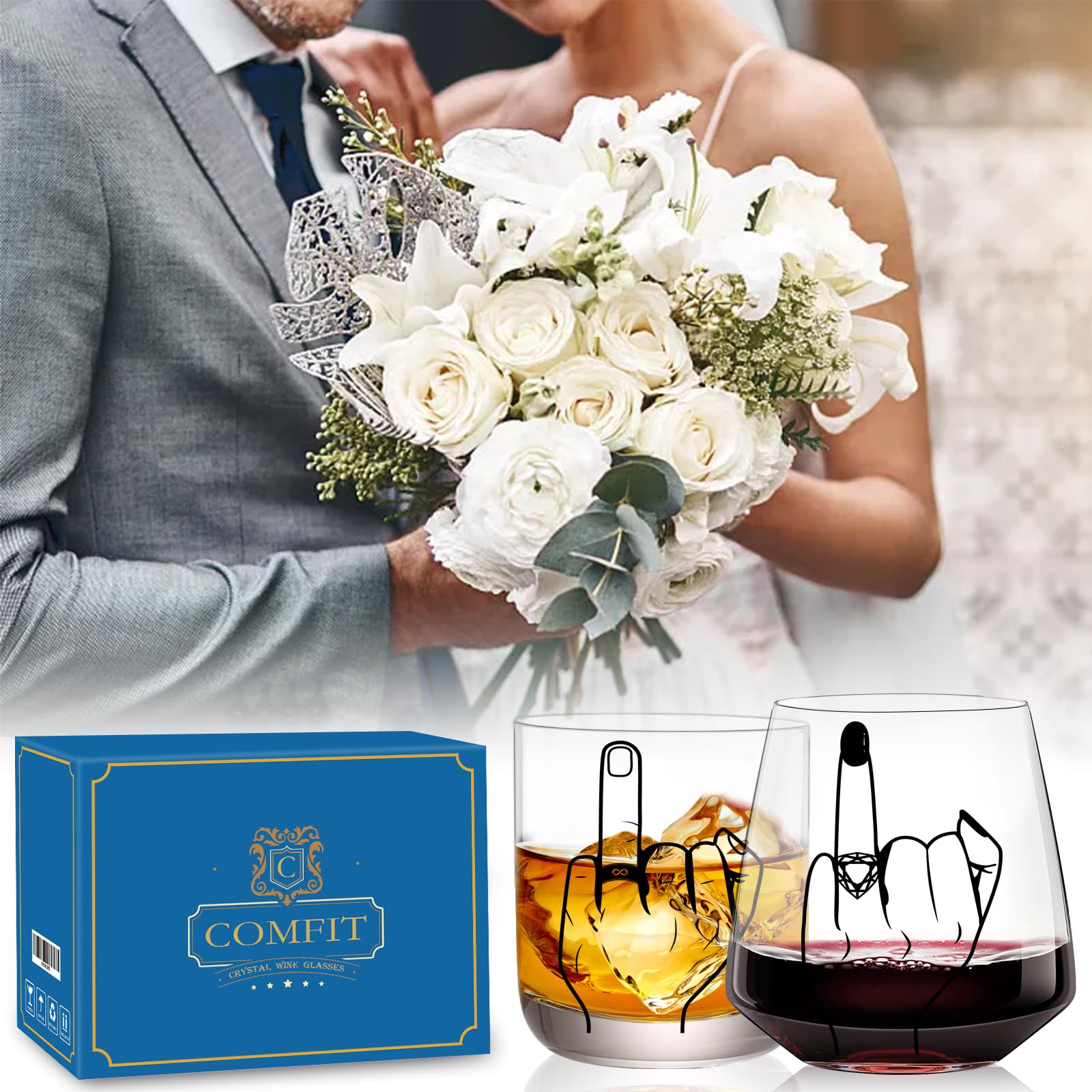 comfit Wedding Gifts for Couples, Ring Finger Wine&Whiskey Glass Set, Funny Engagement Gifts for Couple, Bride and Groom Just Married Gift, Mr and Mrs Newlyweds Bridal Shower Gifts