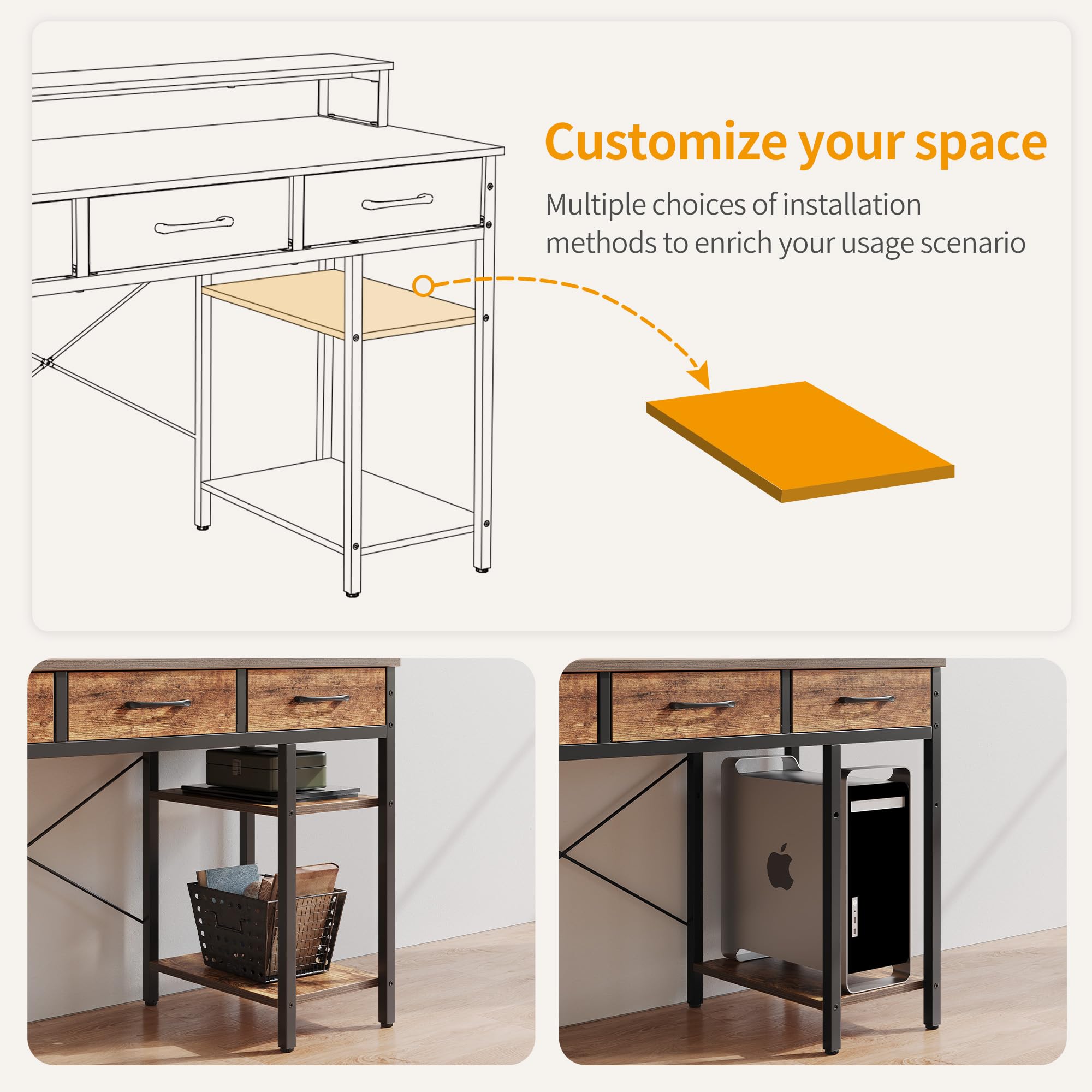 CubiCubi 47 Inch Computer Desk with 3 Drawers and Storage Shelves, Small Home Office Desk with Monitor Stand, Study Writing Table for Bedroom, Rustic Brown