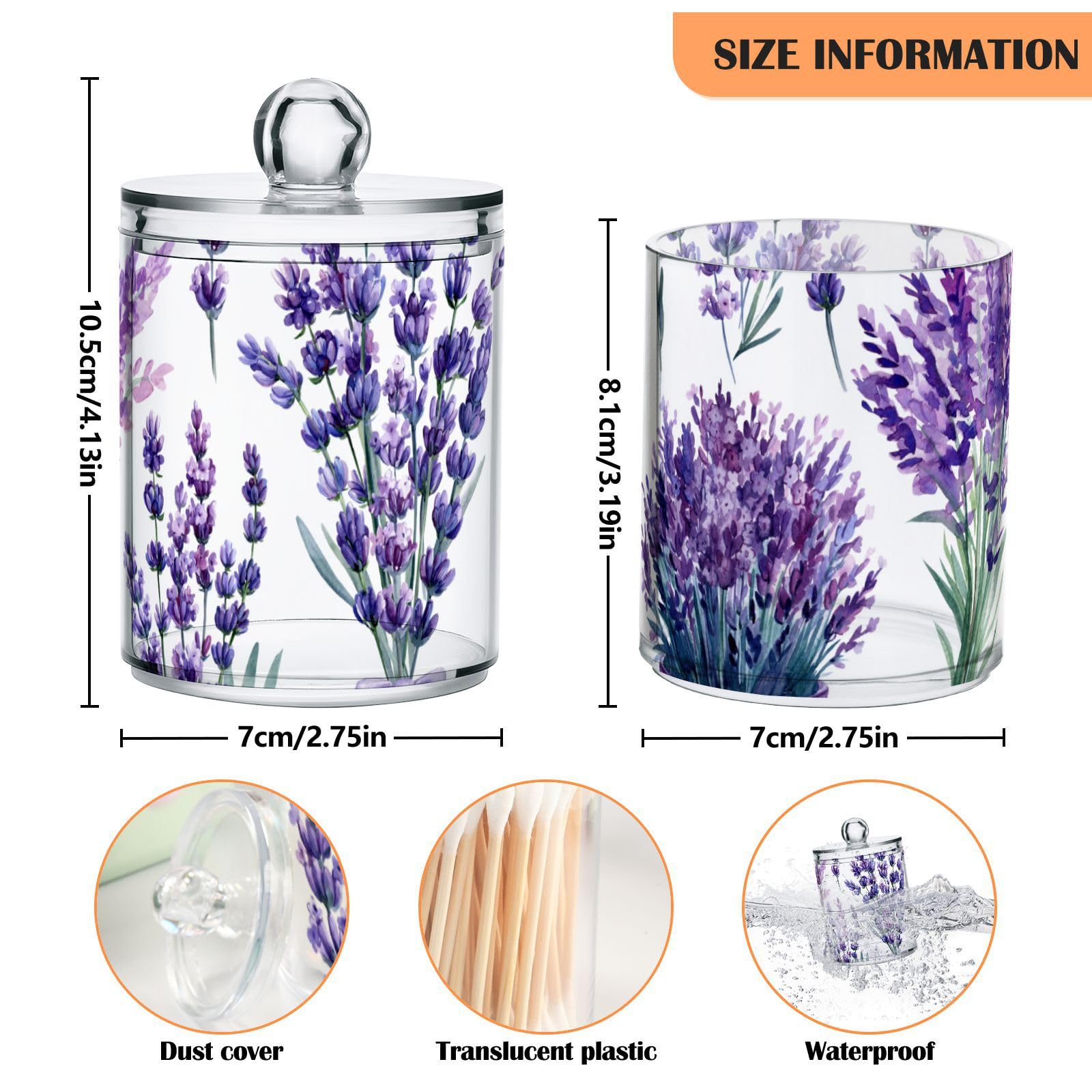 ALAZA 2 Pack Qtip Holder Dispenser for Cotton Ball Purple Lavender Bouquet 1 Cotton Swab Cotton Round Pads Clear Plastic Acrylic Jar Set Bathroom Canister