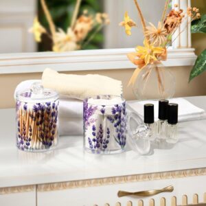 ALAZA 2 Pack Qtip Holder Dispenser for Cotton Ball Purple Lavender Bouquet 1 Cotton Swab Cotton Round Pads Clear Plastic Acrylic Jar Set Bathroom Canister