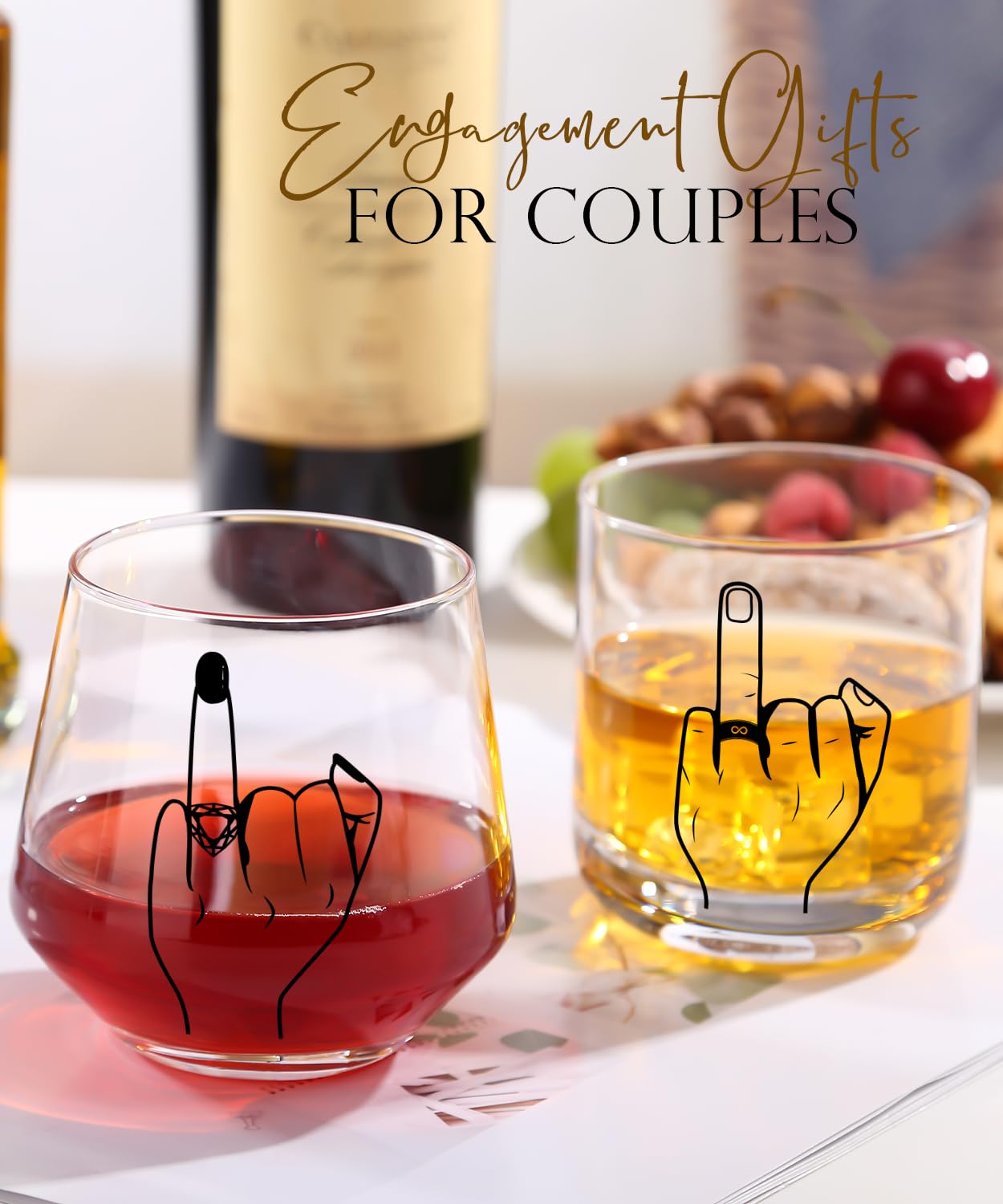 comfit Wedding Gifts for Couples, Ring Finger Wine&Whiskey Glass Set, Funny Engagement Gifts for Couple, Bride and Groom Just Married Gift, Mr and Mrs Newlyweds Bridal Shower Gifts