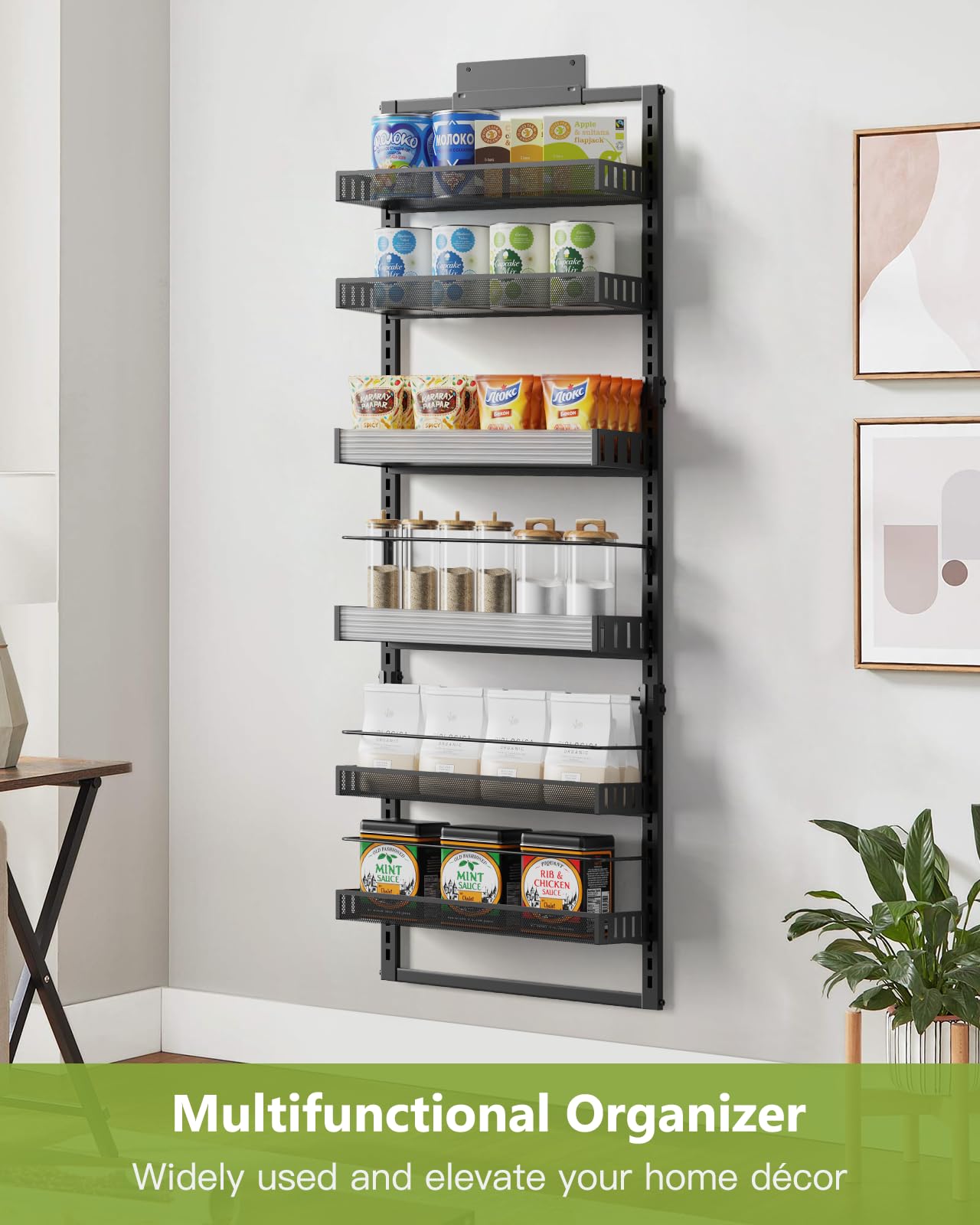 POKIPO 6-Tier Over the Door Pantry Organizer, 2 in 1 Large Door Spice Rack with Adjustable Metal Baskets, Heavy Duty Hanging or Wall Mounted Storage Organizer for Kitchen Pantry and Room Wall