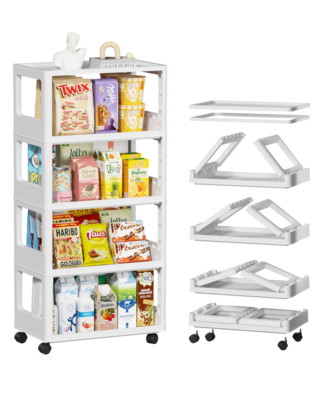 Rolling Storage Cart with Wheels - 5 Tier Multifunctional Utility Cart, Laundry Room Organization, Plastic Bathroom Storage Shelf, Mobile Shelving Units for Kitchen Living Room Study Dresser, White