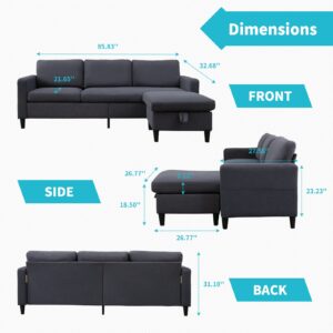 CECER 86" Convertible Sectional Sofa Couch, 3 Seaters L Shape Sofa with Movable Ottoman and Side Pockets for Storage, Linen Upholstered Sofa for Living Room, Apartment, Small Space - Dark Grey