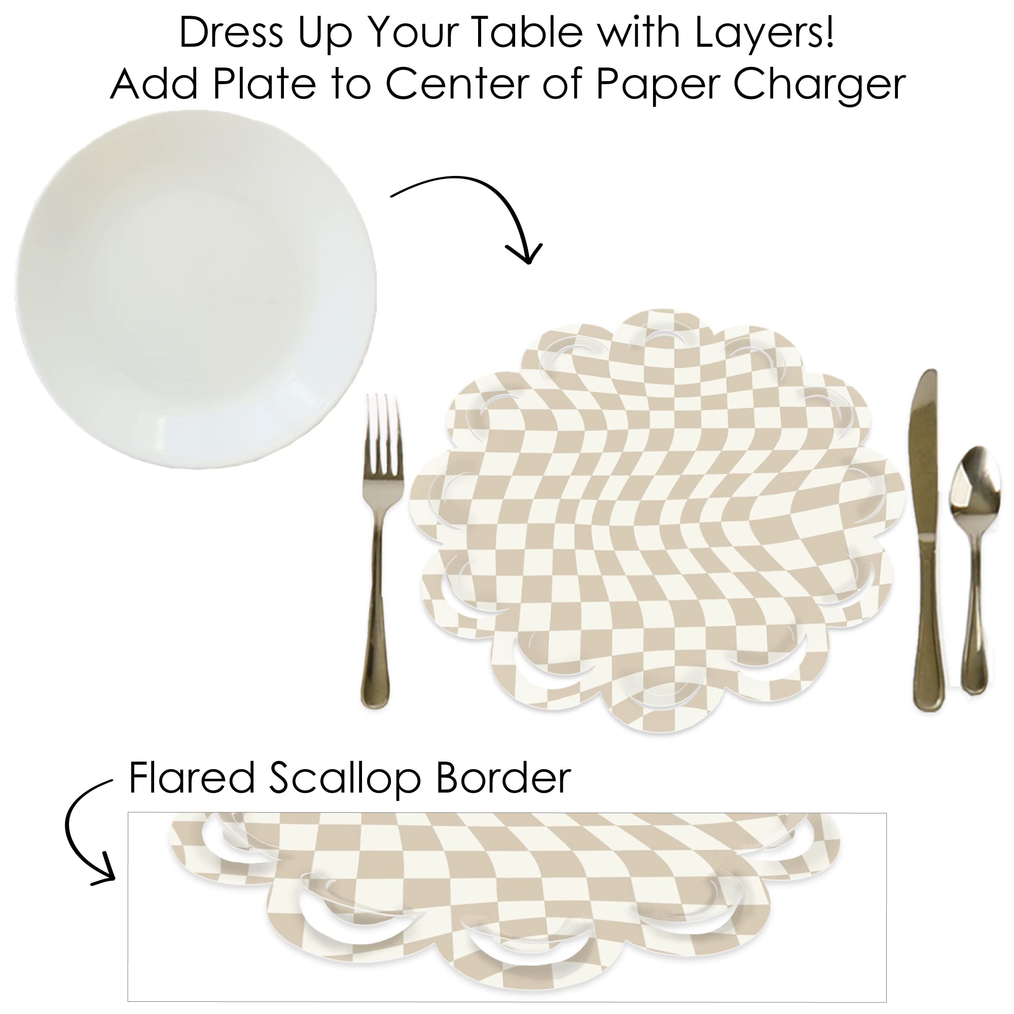 Big Dot of Happiness Tan Checkered Party - Round Table Decorations - Paper Chargers - Place Setting For 12