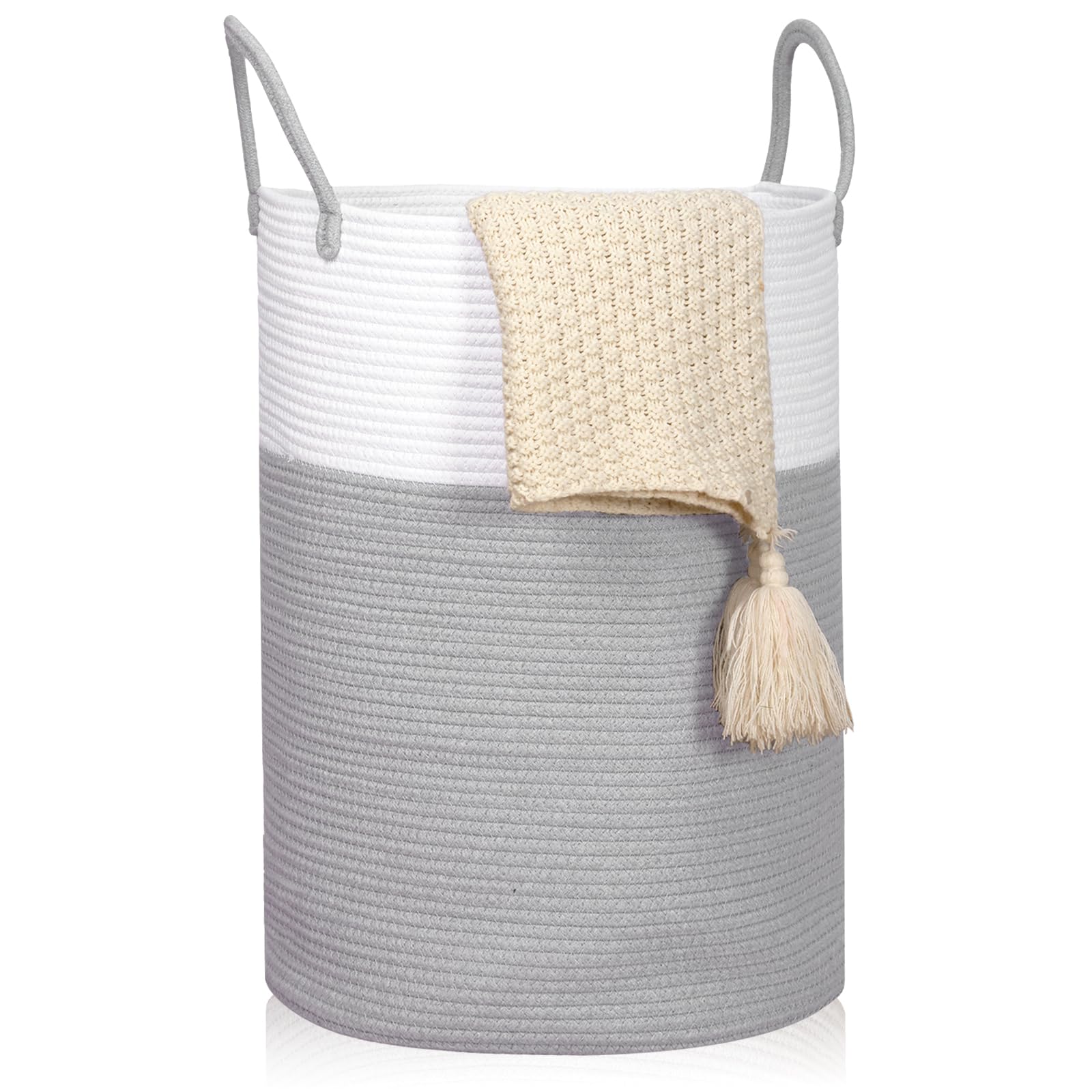 Fixwal 72L Laundry Basket, 16 x 22inches Large Laundry Hamper Tall Cotton Rope Woven Decorative Storage for Living Room, Toys, Towels, Clothes Baby Nursery Bin, (Grey/White)