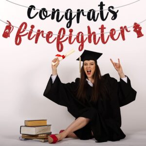 Congrats Firefighter Banner, Class of 2024/Congrats Grad, Fire Department Graduation Party Decoration Supplies for Fireman, Black and Red Glitter