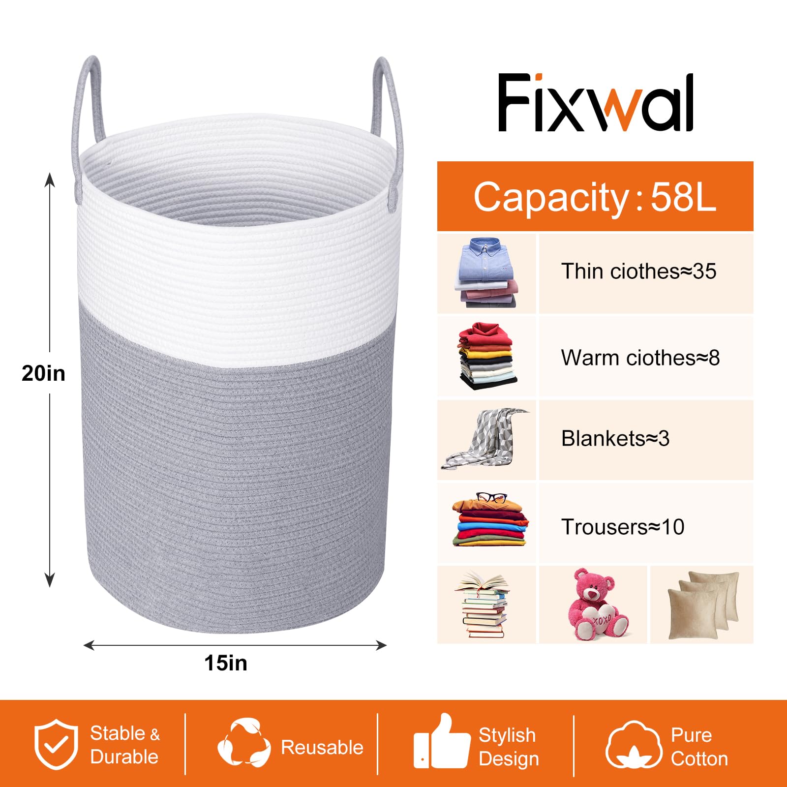 Fixwal 72L Laundry Basket, 16 x 22inches Large Laundry Hamper Tall Cotton Rope Woven Decorative Storage for Living Room, Toys, Towels, Clothes Baby Nursery Bin, (Grey/White)