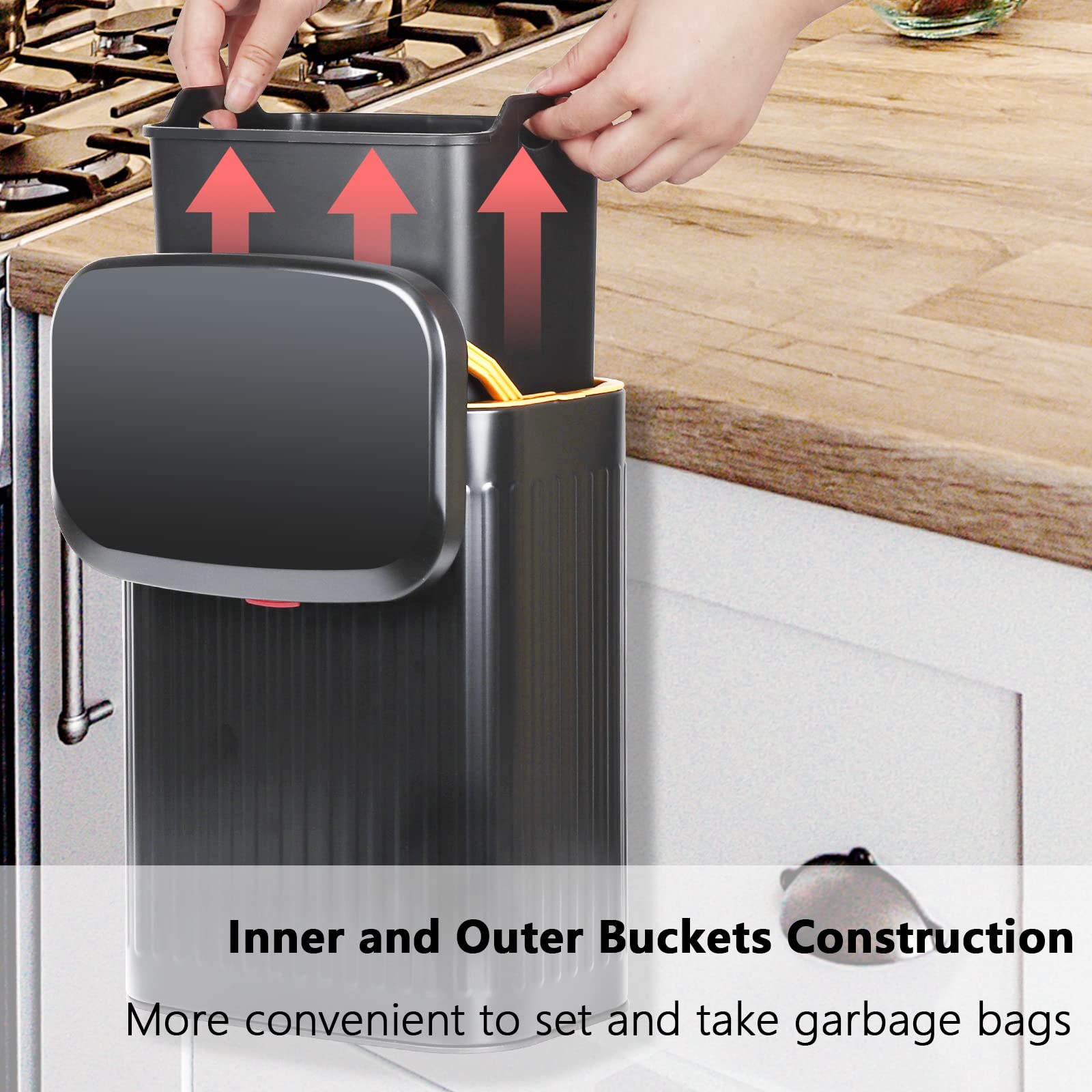 VIGIND Hanging Trash Can Compost Bin with Lid for Kitchen Cabinet Door,Stainless Steel Countertop Compost Bin with Removable Inner Bucket,Wall-Mounted Kitchen Garbage Can (Black/2.1 Gal)