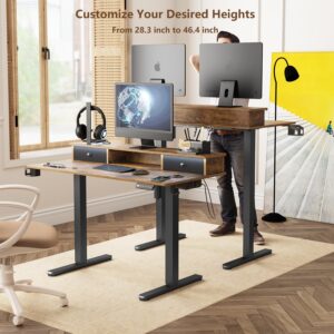 Saedew Electric Adjustable Standing Desk, Sit Stand Desk with Power Outlets & LED Lights 48”Adjustable Height Standing Desk with Drawers Adjustable Table Desk Riser for Home Office