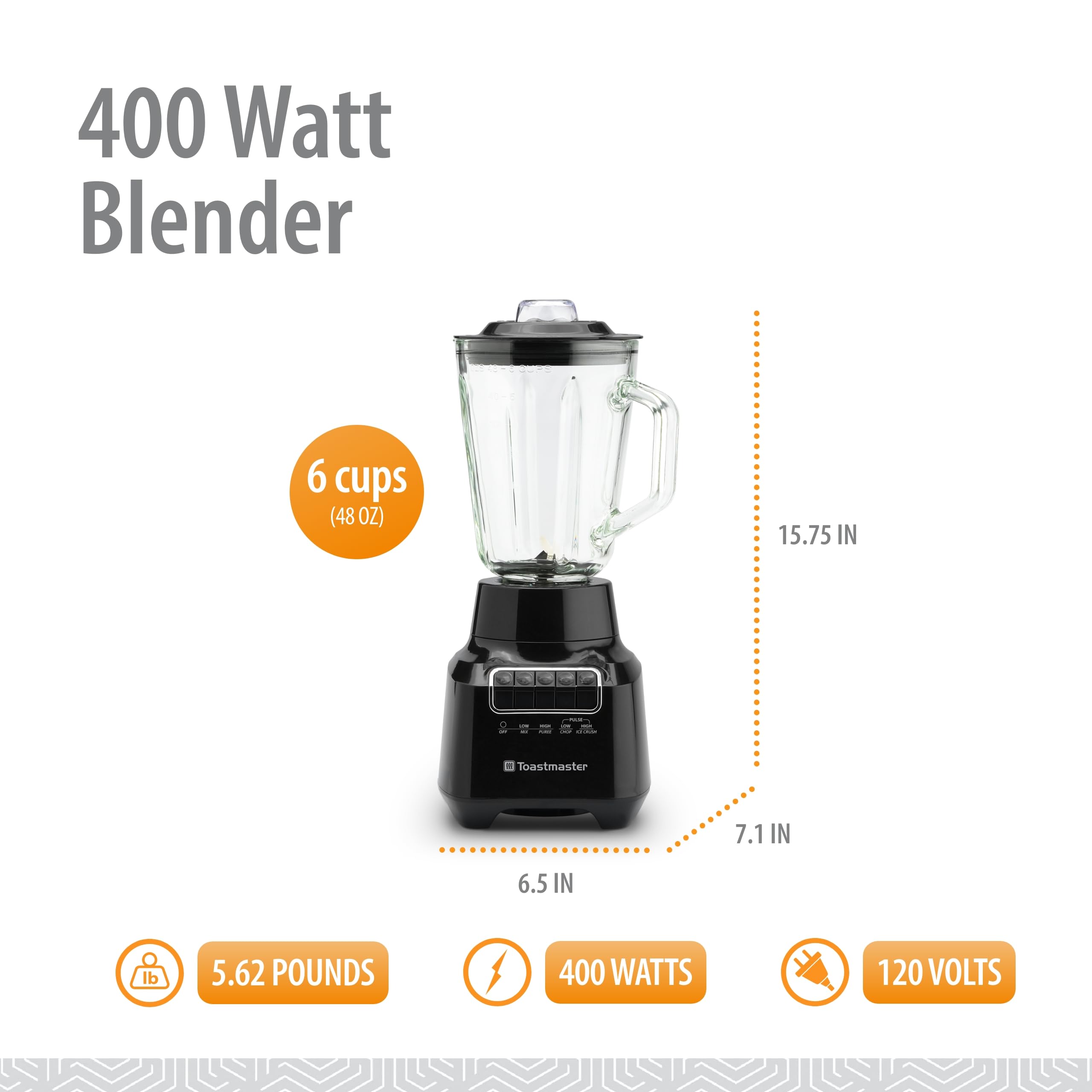 Toastmaster 400 Watt Blender with 48 oz Glass Jar, Black, TM-400BL