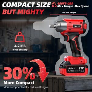 Cordless Impact Wrench 1/2 inch, 480Ft-lbs (650Nm) Brushless Power Impact Gun 1/2 drive w/ 4.0Ah Battery, 4 Sockets, 6 Screwdriver Bits, Fast Charger, Electric Impact Wrench for Car Tire