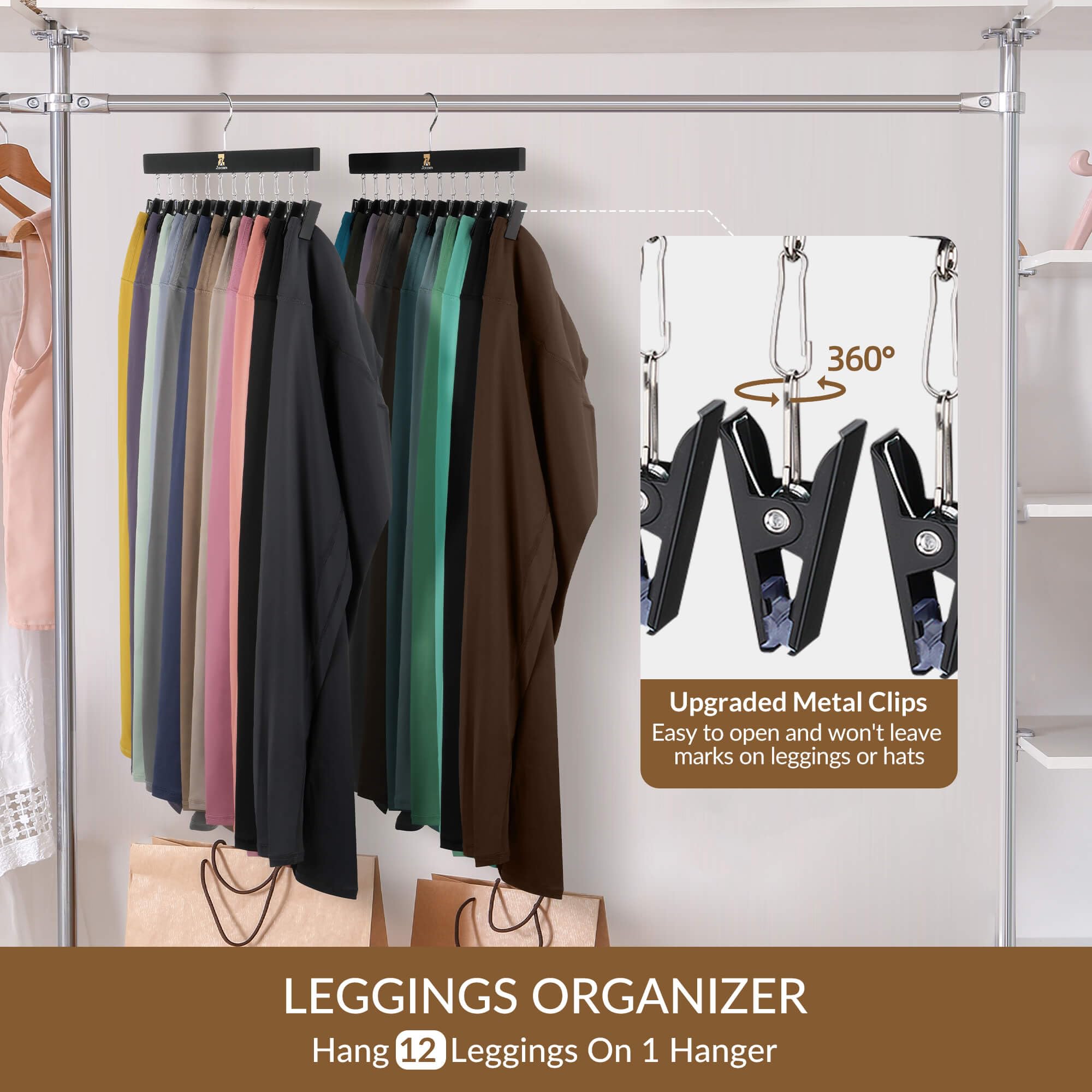 ZEDODIER Legging Organizer, 2 Pack Pants Hangers Hat Racks with Clips, Holds 24 Leggings, Hats, Pants, Jeans, Scarves, Hanging Space Saving Holder for Closet Organizers and Storage, Black