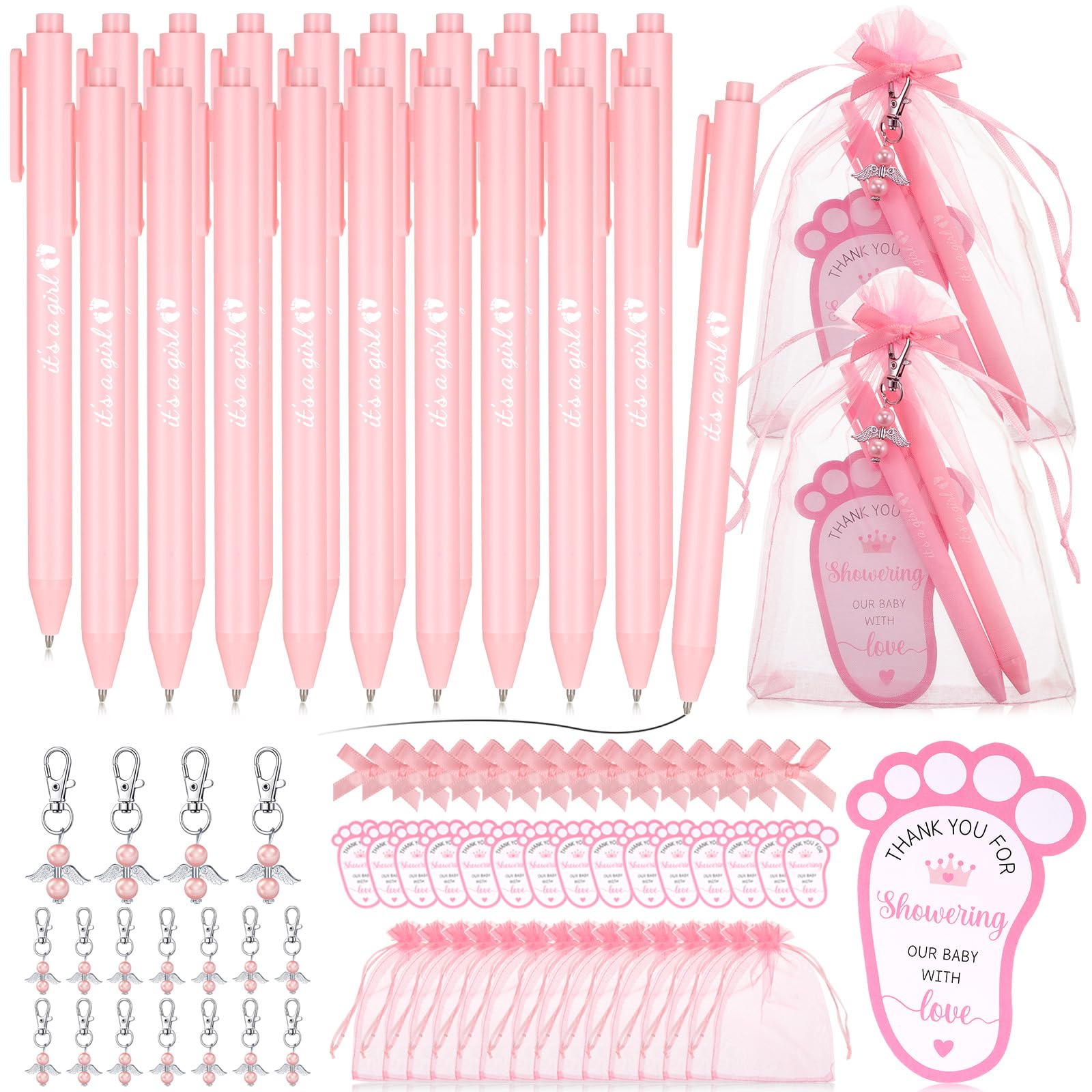 Ctosree 250 Pcs Baby Shower Favors Includes Baby Shower Ballpoint Pens Angel Keychains Organza Bags Thank You Cards for Guest Gifts Baby Shower Gender Reveal Party (Pink,It's a Girl)