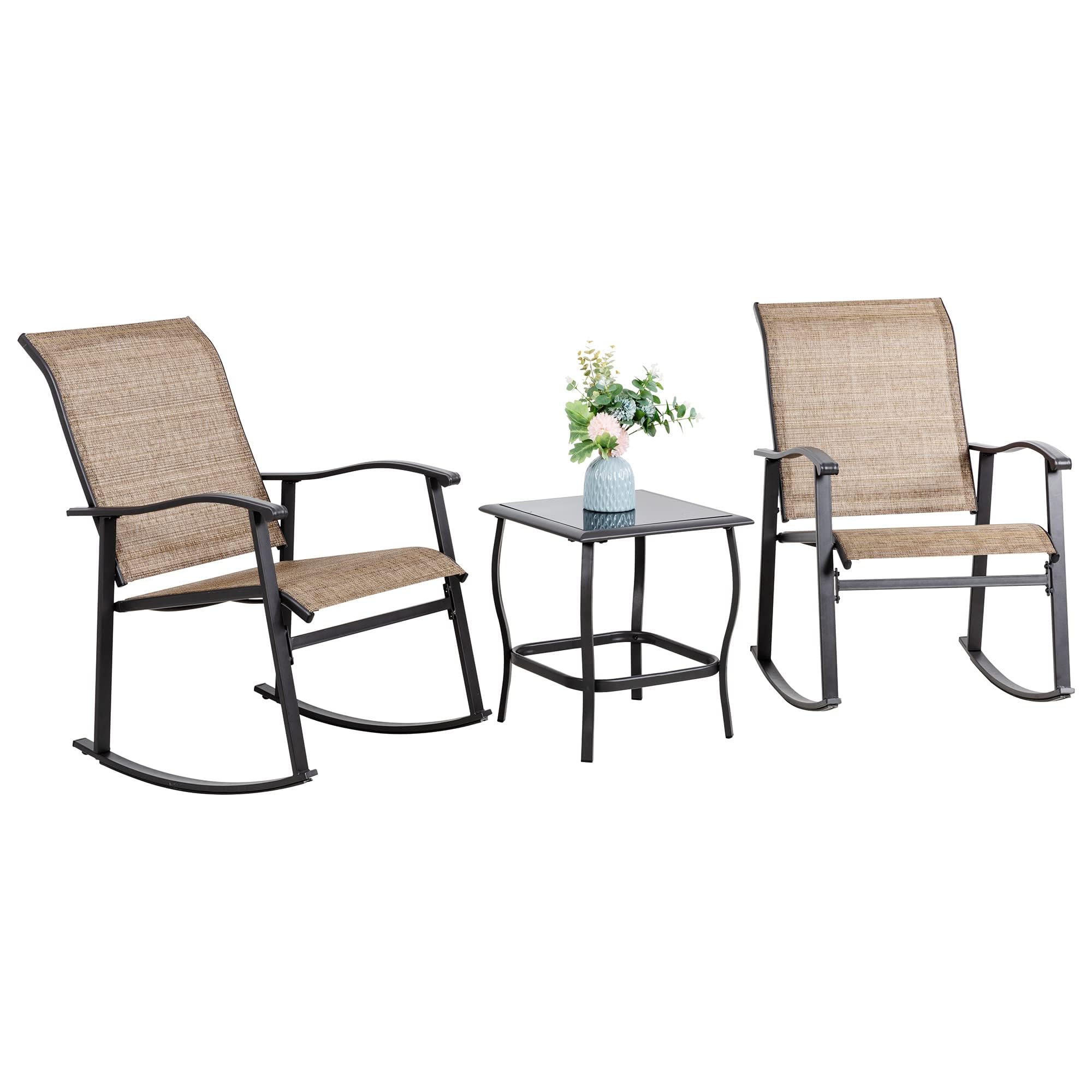 Vongrasig 3 Piece Outdoor Rocking Bistro Set, Textilene Fabric Small Patio Furniture Set, Front Porch Rocker Chairs Conversation Set with Glass Table for Lawn, Garden, Balcony, Poolside (Brown)