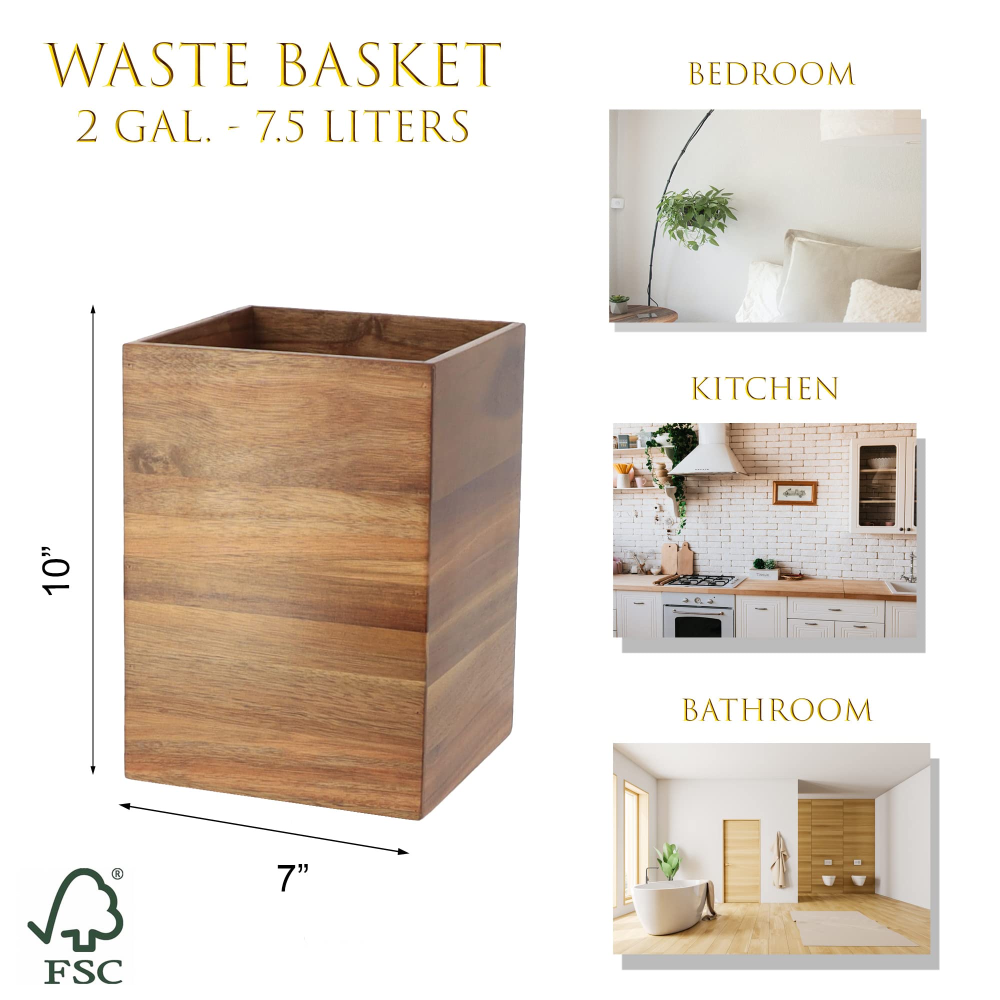 Acacia Square Waste Basket for Bathroom/Bedroom - 2 Gallons (7.5 Liters) - Elegant Design - Perfect for Home & Office - Compact & Durable - Easy to Clean