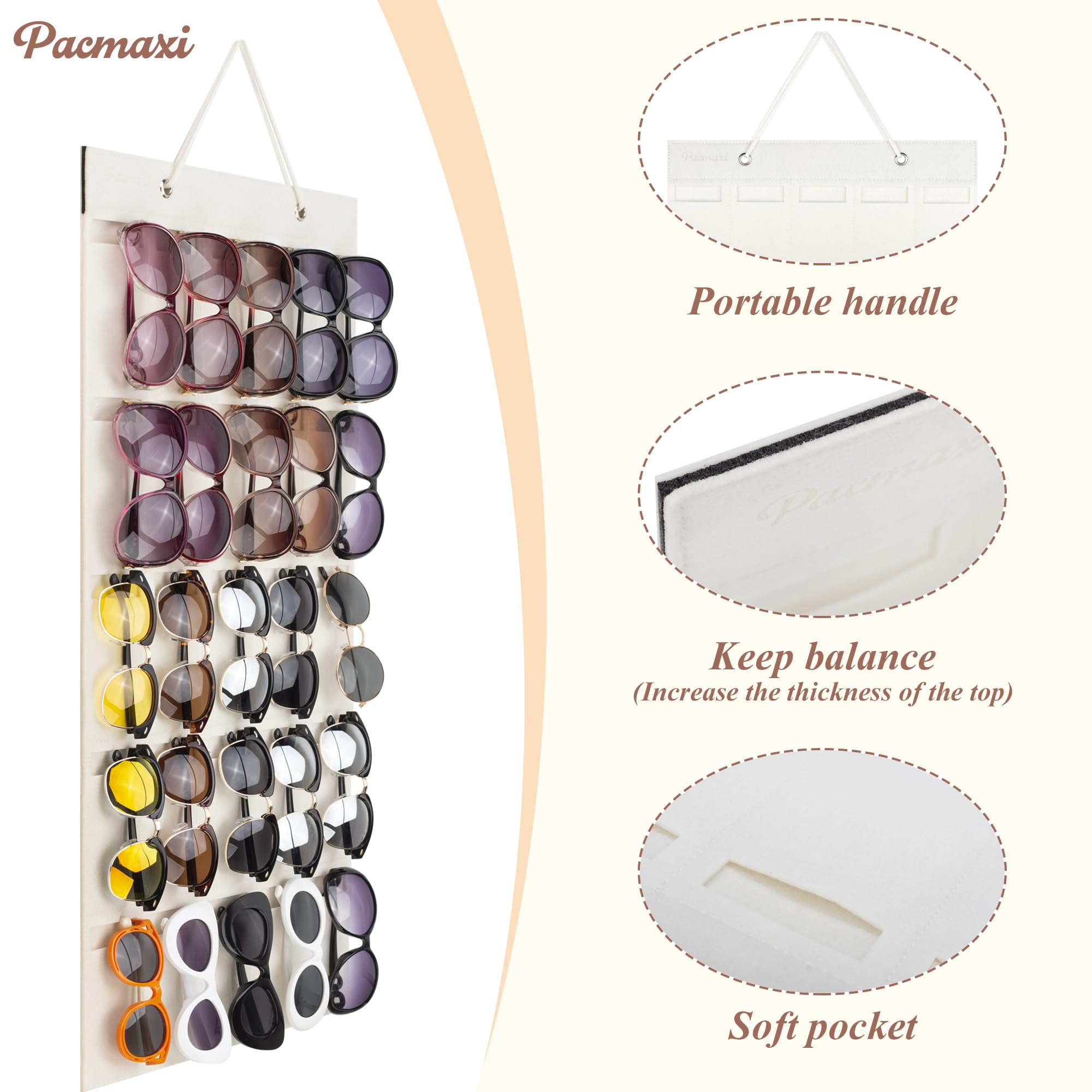 PACMAXI Sunglasses Storage Organizer, Wall Pocket Mounted by Sunglasses, Hanging Eyeglasses Storage Holder, Eyewear Display. (Ivory white, 25 Slot)