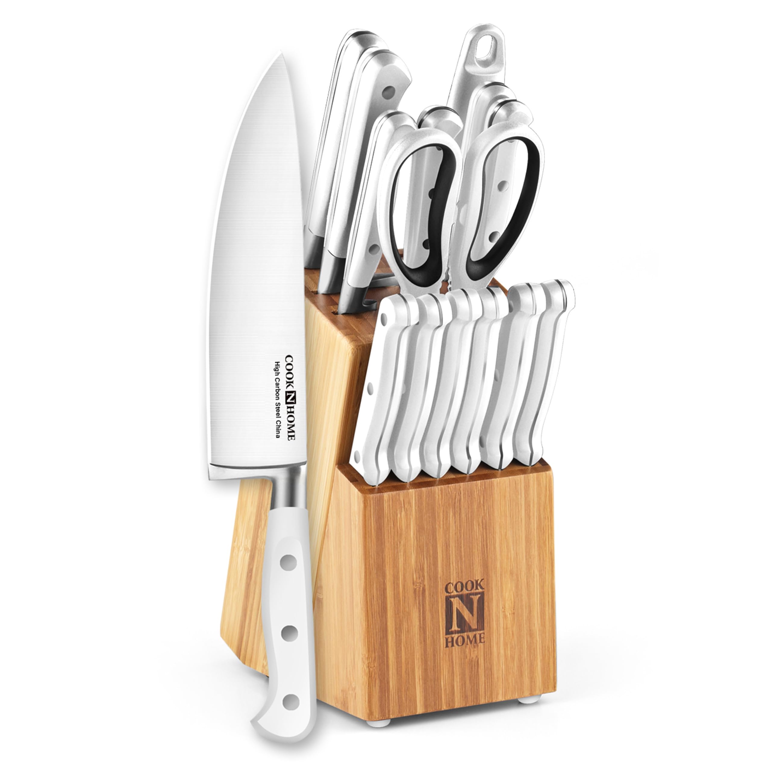 Cook N Home Kitchen Knife Set with Bamboo Storage Block 15-Piece, High Carbon Stainless Steel Blade, White