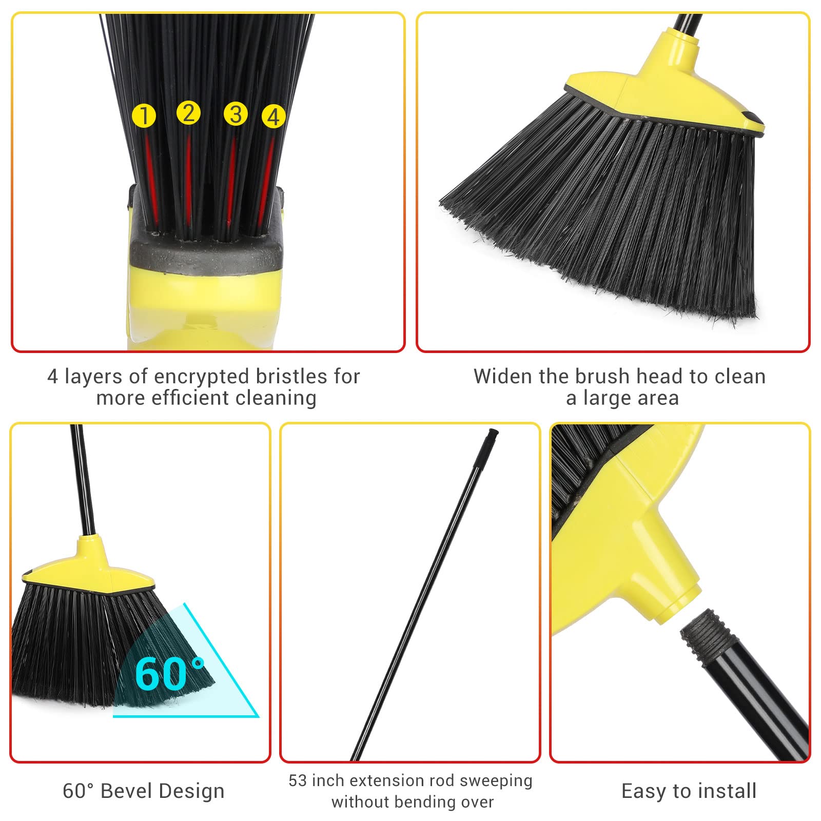 WILLBOND 20 Pack Angle Broom Bulk, Red Yellow Commercial Broom Household Heavy Duty Broom Outdoor Indoor Brooms with Long Coated Metal Handle for Home Office School Shop Courtyard Garage Lobby Floor