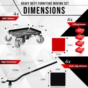 Heavy Duty Furniture Lifter, 4 Sets of Sliders with 4 Wheels Each for Easy Moving, Load Capacity up to 3500lbs, Appliance Moving Cart with Height Adjustable
