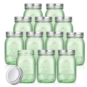 pinkunn 12 pcs mason jars with lids 16 oz regular mouth pint canning jars vintage glass jars bulk airtight multifunction mason jars for storage canning pickling preserving fermenting diy craft (green)