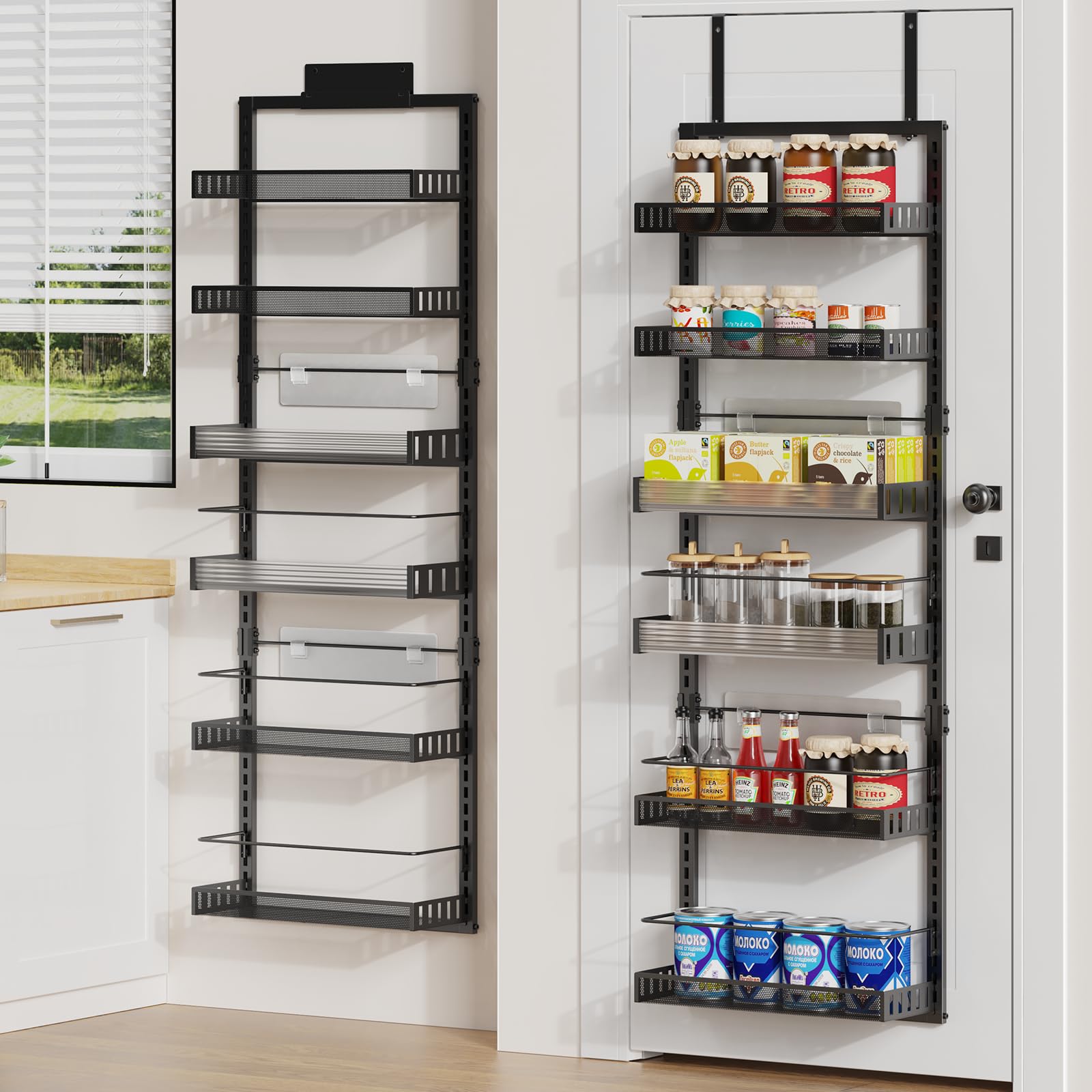 POKIPO 6-Tier Over the Door Pantry Organizer, 2 in 1 Large Door Spice Rack with Adjustable Metal Baskets, Heavy Duty Hanging or Wall Mounted Storage Organizer for Kitchen Pantry and Room Wall