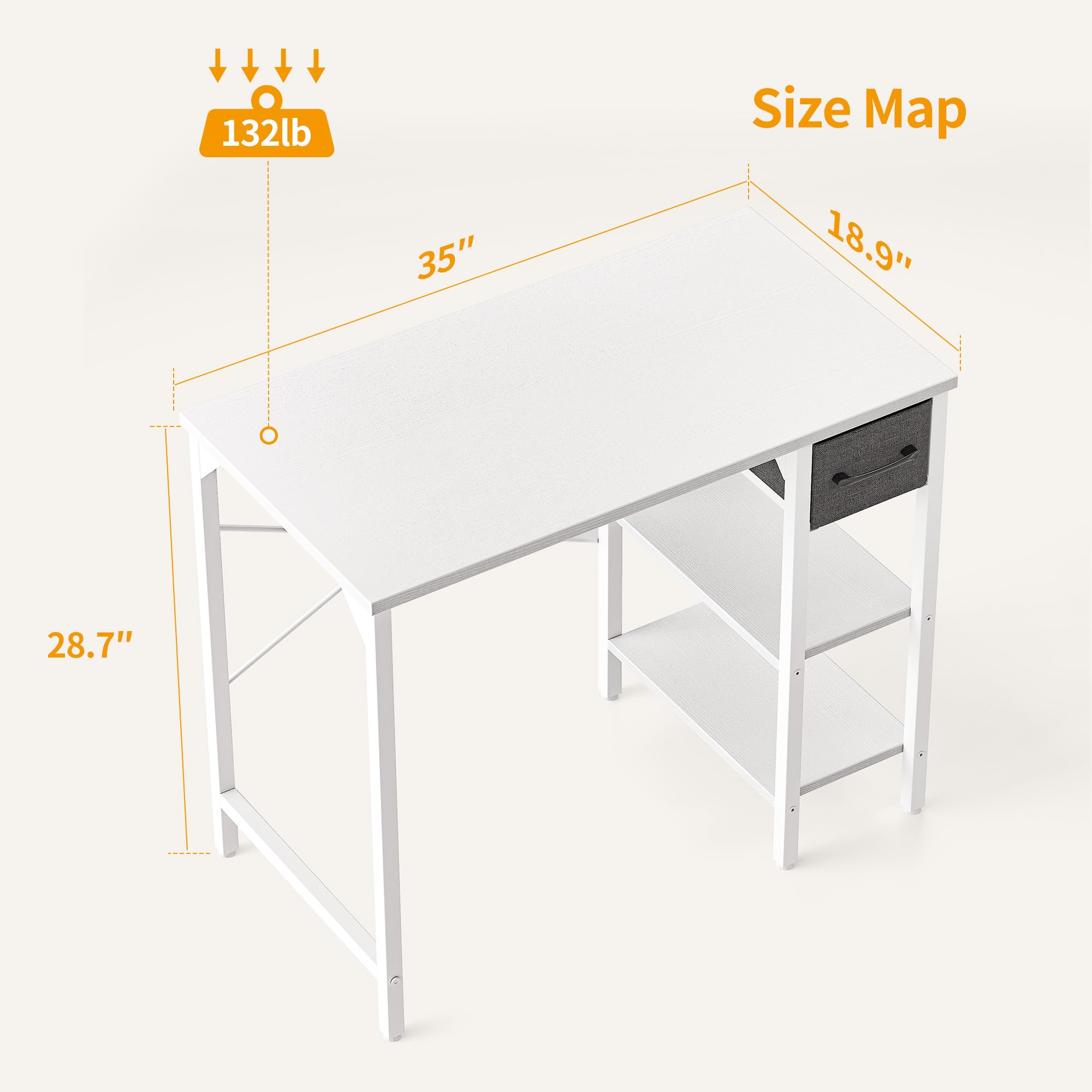 CubiCubi Computer Desk, 35 Inch Small Home Office Desk with Drawer Storage Shelves for Small Space, Writing Study Desk, White