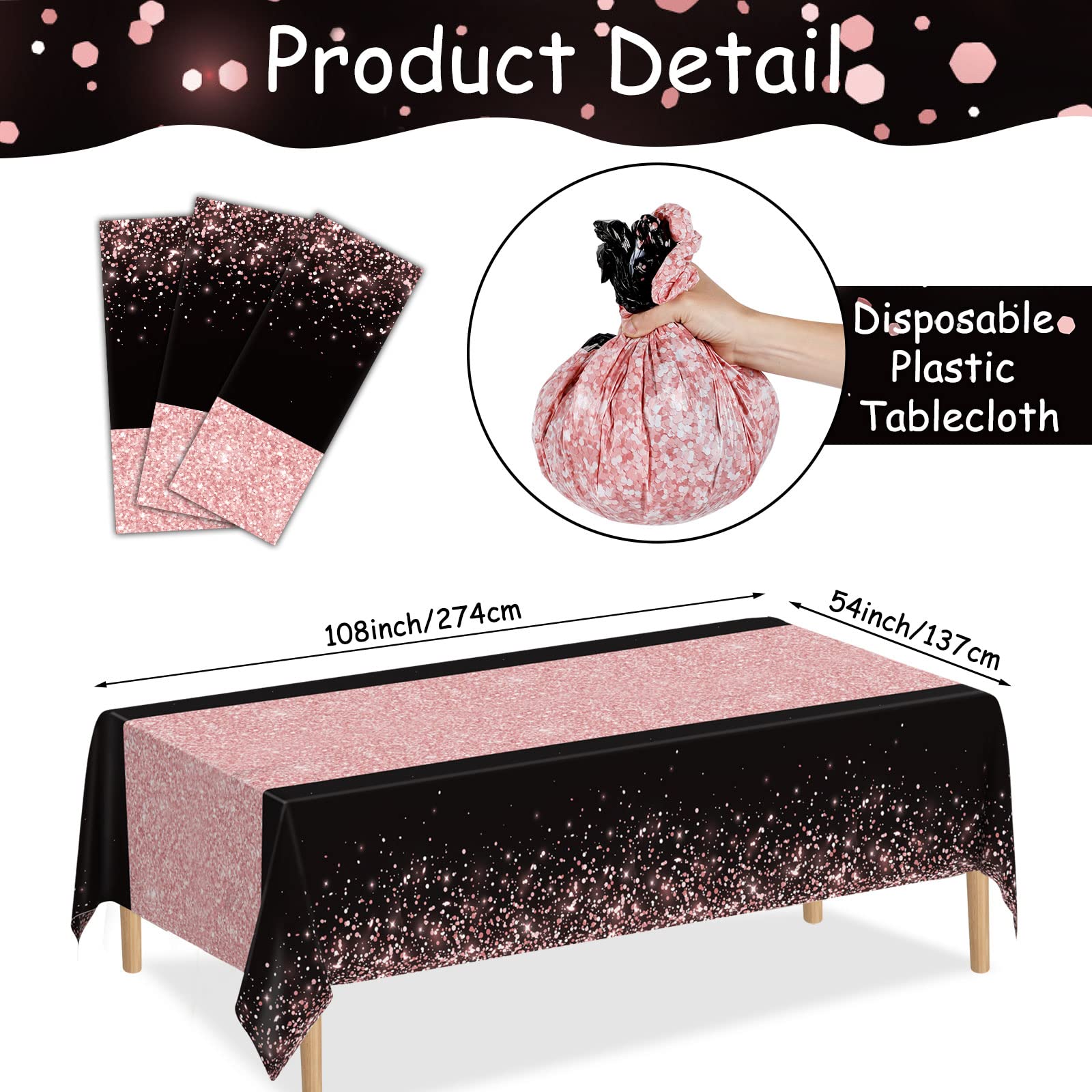 3pcs Black Rose Gold Party Tablecloths 108x54 Inch Rose Gold Sequin Printed Plastic Table Cover Glitter Diamonds Happy Birthday Decoration Supplies for Wedding Graduation Anniversary Indoor Outdoor