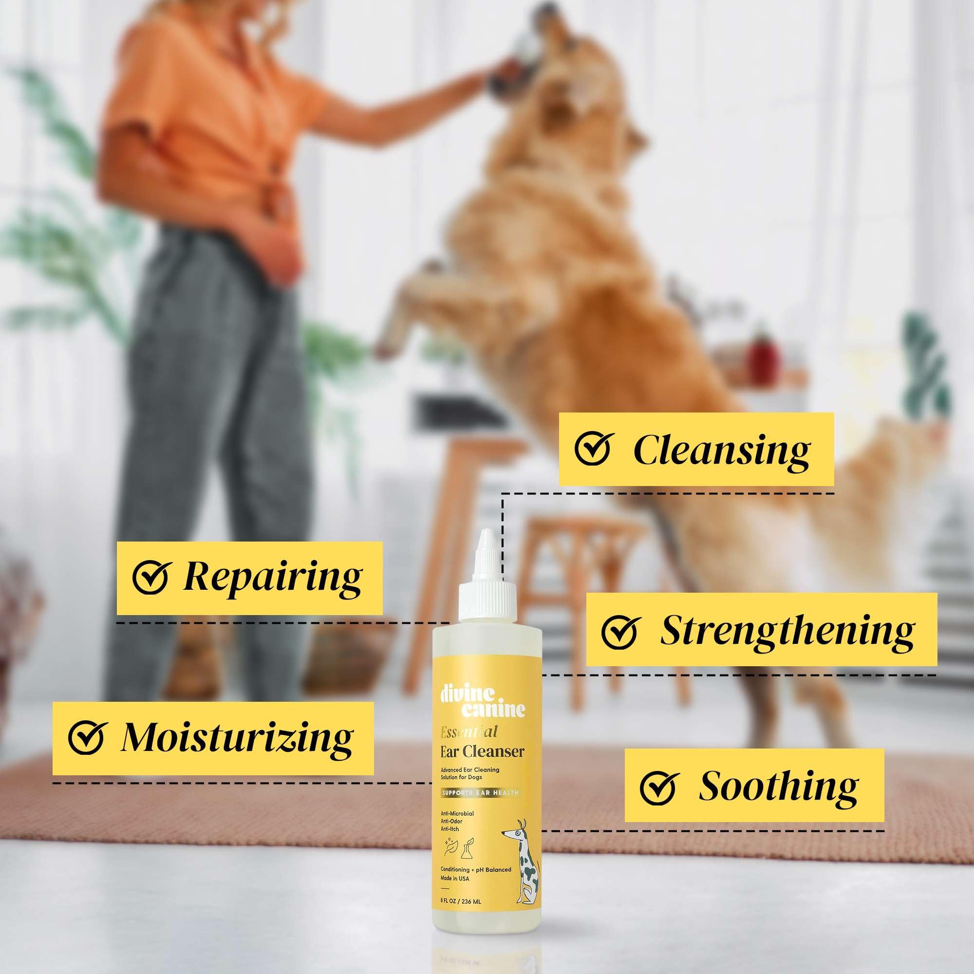 Divine Canine Dog Ear Cleaner - 8 Fl Oz of Dog Ear Wash - Dog Ear Drops to Dissolve Wax, Combat Odor, and Support Healthy Ears - Made with Chamomile, Honey, and Aloe - Made in The USA