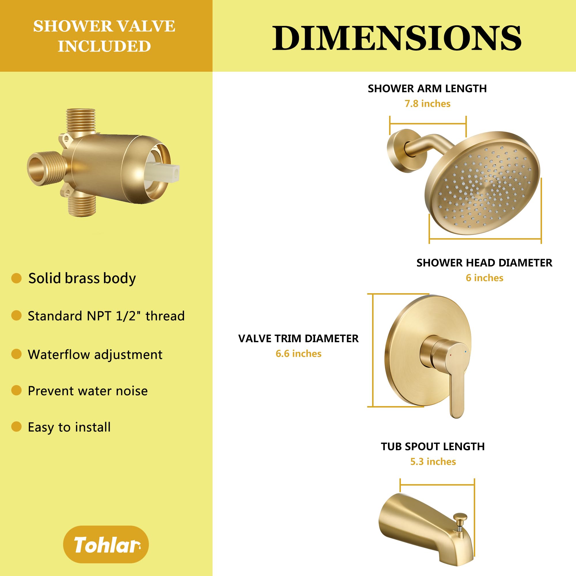 Tohlar Gold Shower Faucet Set with Tub Spout, Bathtub and Shower Faucet Combo Kit, 6-Inch Rain Shower Head and Faucet Set with Valve, Brushed Gold