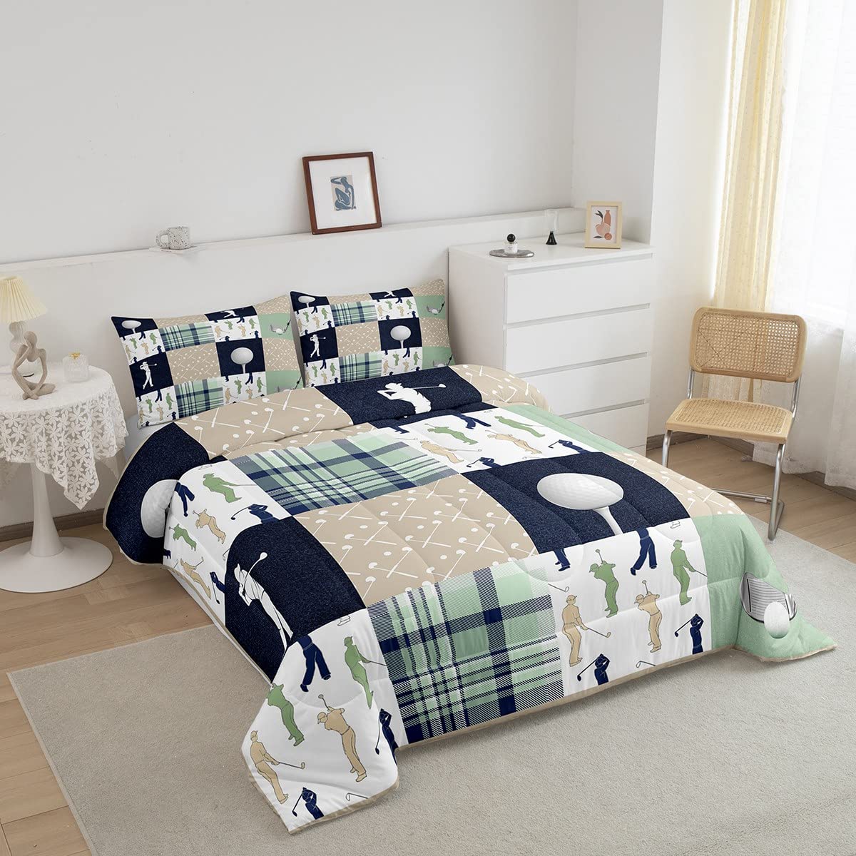 Castle Fairy Golf Plaid Comforter Set Twin Size,Ball Sports Lover Style Bedding Set for Kids Boys Men,Green Buffalo Grid Geometric Quilted Duvet Set with 1 Pillowcase