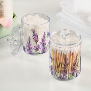 ALAZA Purple Toothbrush Holder 2 Pack Qtip Holder Dispenser for Cotton Ball Lavender Flower Purple Cotton Swab Round Pads Clear Plastic Acrylic Jar Set Bathroom Canister