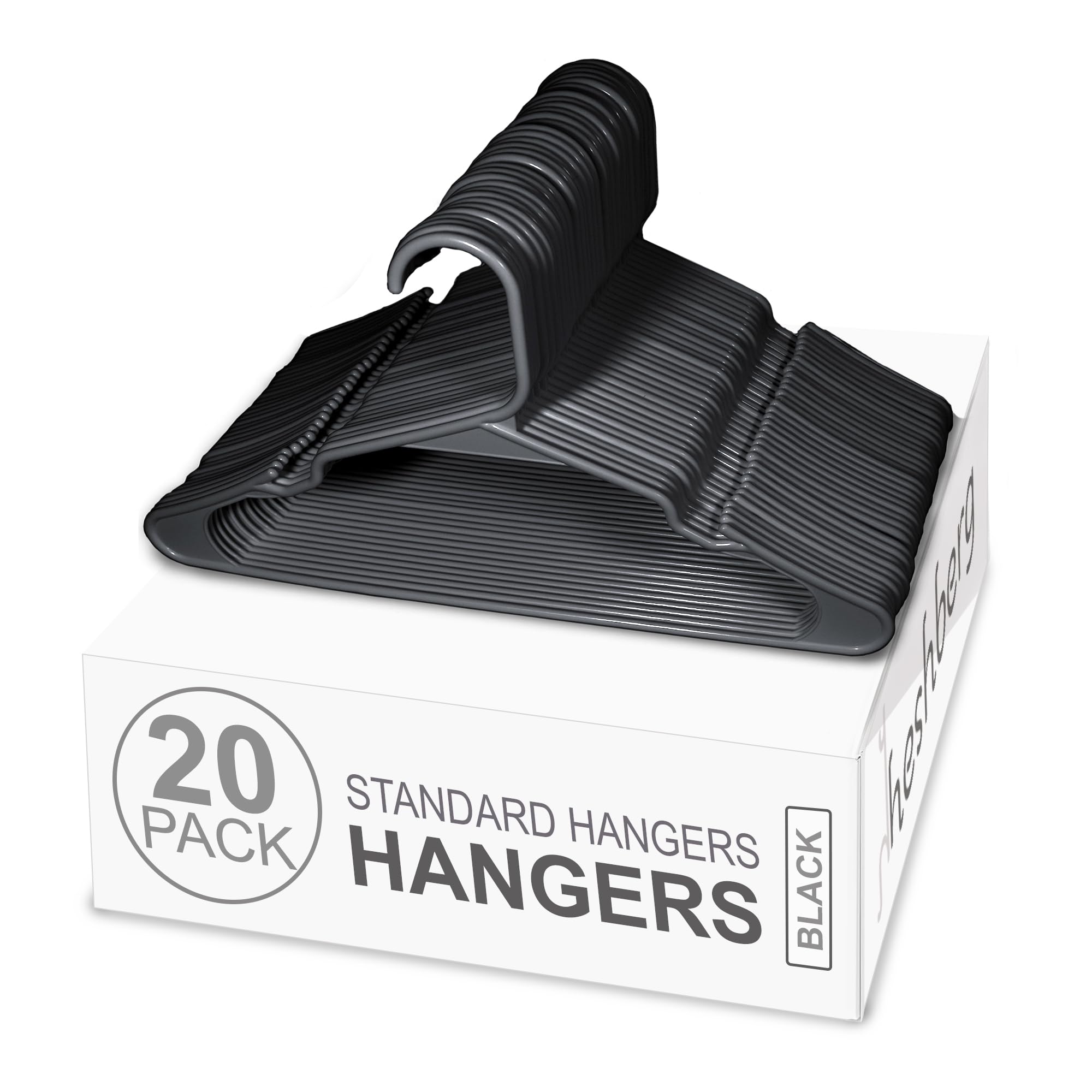 Heshberg Plastic Notched Hangers Space Saving Tubular Clothes Hangers Standard Size Ideal for Everyday Use on Shirts, Coats, Pants, Dress, Skirts, Etc. (20, Black)