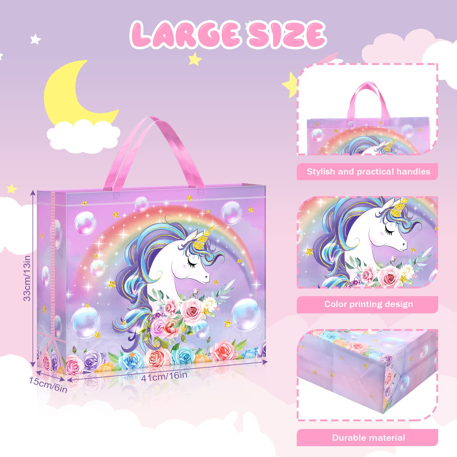 Sweetude 6 Pcs Unicorn Large Gift Bags 16inch Birthday Tote Bag with Handles Reusable Non Woven Shopping Bag for Party Favor(Unicorn)