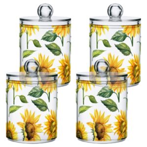 ALAZA 2 Pack Qtip Holder Dispenser for Cotton Ball Yellow Sunflower Cotton Swab Cotton Round Pads Clear Plastic Acrylic Jar Set Bathroom Canister