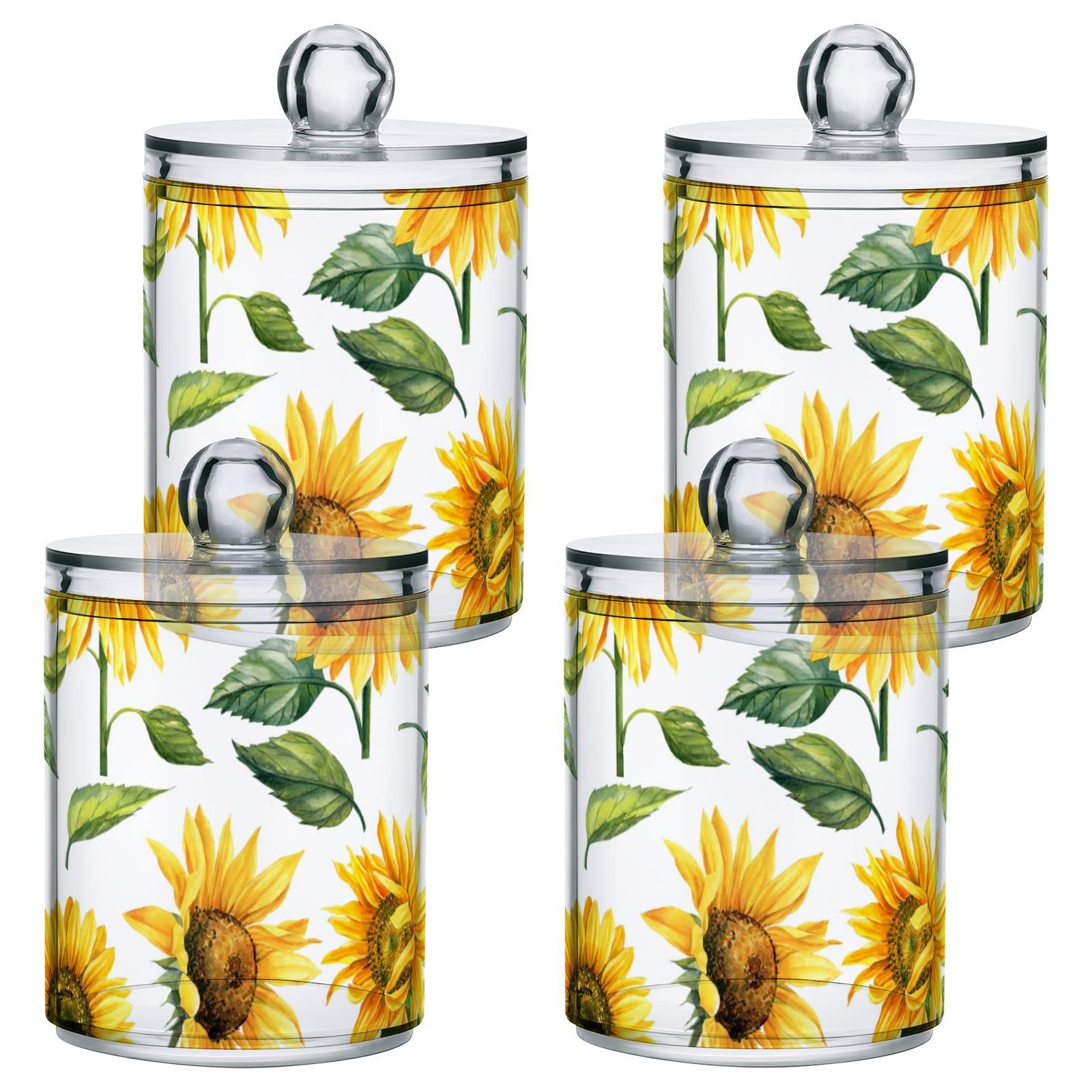 ALAZA 2 Pack Qtip Holder Dispenser for Cotton Ball Yellow Sunflower Cotton Swab Cotton Round Pads Clear Plastic Acrylic Jar Set Bathroom Canister