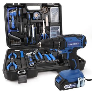 comoware 120 pcs home tool kit with drill, 20v power tool combo kits with 2.0 ah li-ion battery & charger, 25+1 clutch, tool sets for men, household tool set for garden office home repair, blue case