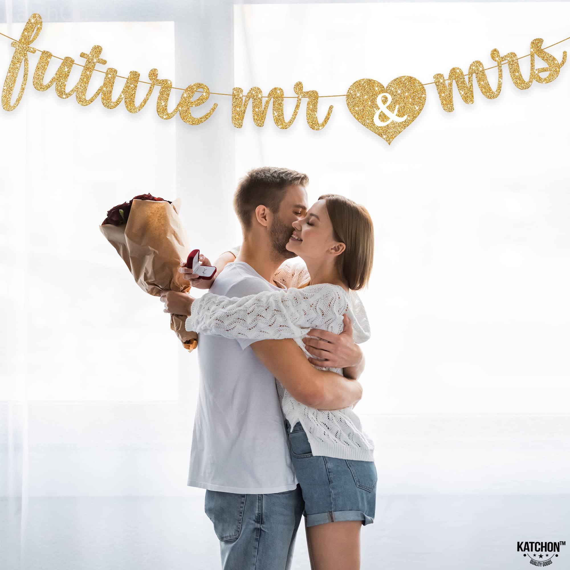 KatchOn, Gold Glitter Future Mr & Mrs Banner - 10 Feet, Pre-Strung, No DIY | Future Mr and Mrs Banner | Engagement Party Decorations | Bachelorette Party Decorations, Bridal Shower Decorations