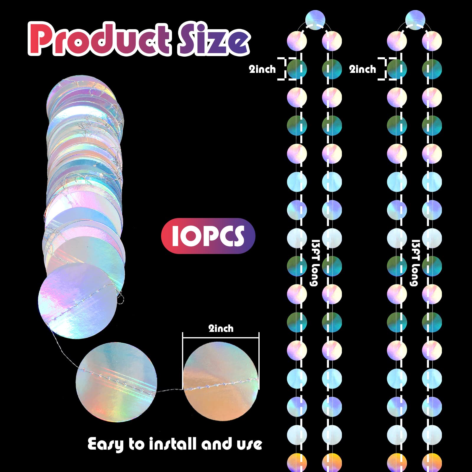 Ctosree 10 Pieces 130 ft Holographic Bubble Garlands Iridescent Sea Themed Party Garland Banner Circle Dots Hanging Streamers for Backdrop Mermaid Ocean Shower Party Decoration Disco Dancing