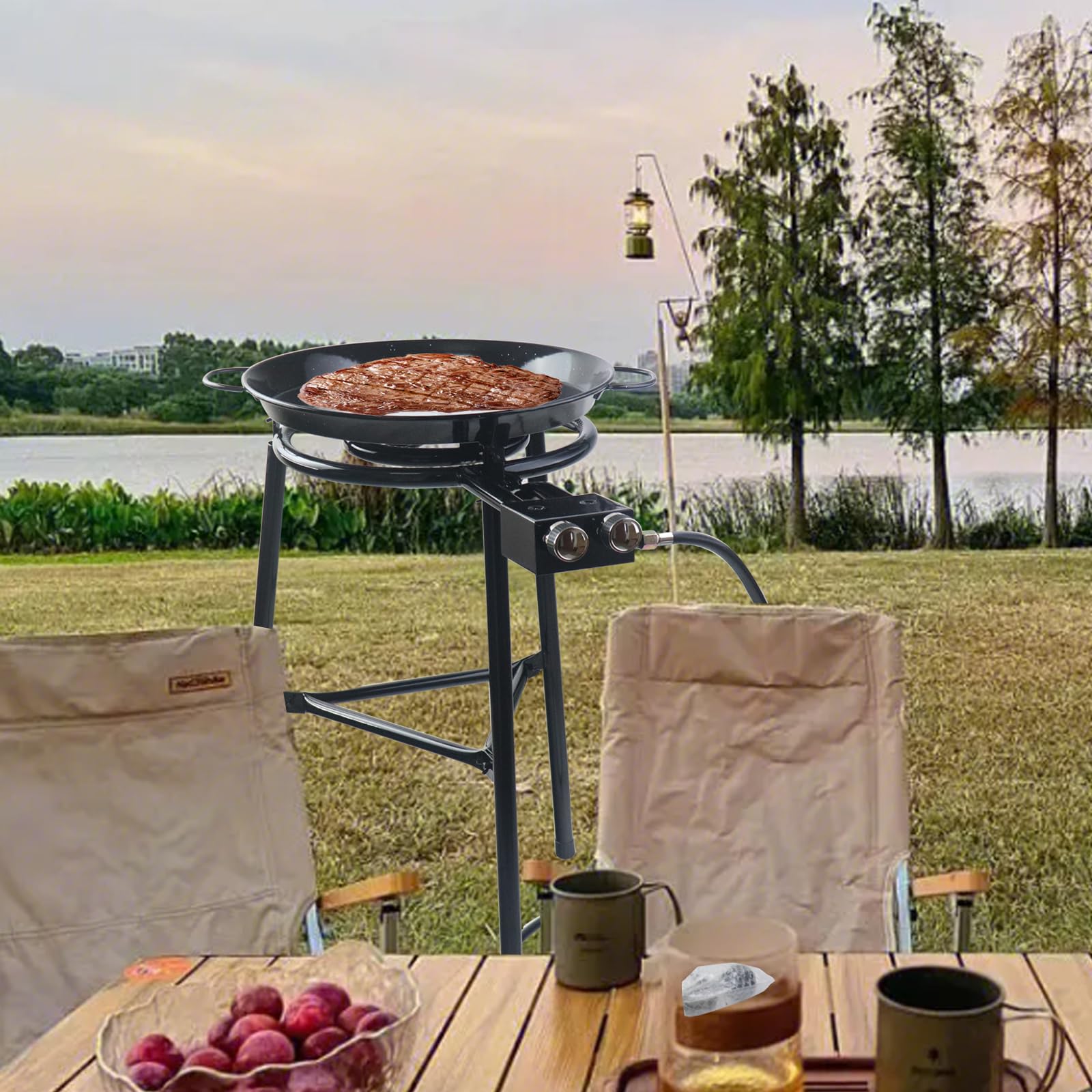 Derurizy Paella Pan Set with Burner, 18 Inch Carbon Steel Paellera with The Burner and The Reinforced Legs