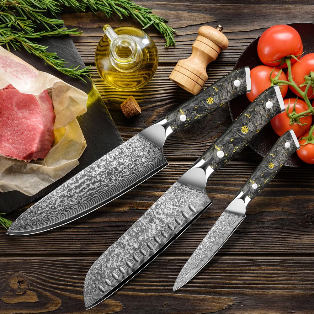 KEENZO Damascus knife set,Professional kitchen knives set 5 pcs,Sharp chef knife set.Hand forged 67-layers high carbon stainless steel knives set for Cooking.Ergonomic Full-Tang handle with gift box