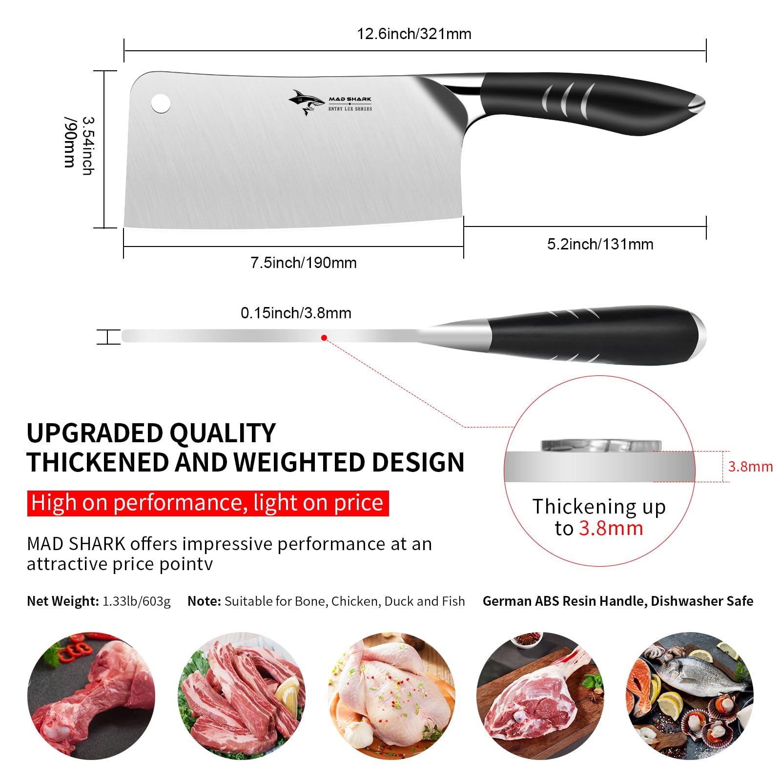 MAD SHARK High-end Meat Cleaver Knife 7.5 Inch, Best Professional Heavy Duty Bone Chopper, Butcher Knife for Meat Cutting, Chopping Knife, Bone Cutting Knife, Meat Bone Cutter, Chinese Cleaver Knife