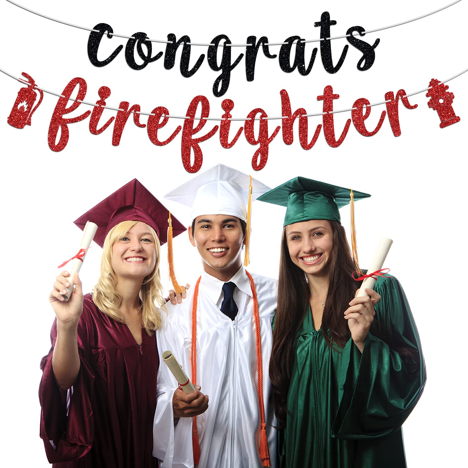 Congrats Firefighter Banner, Class of 2024/Congrats Grad, Fire Department Graduation Party Decoration Supplies for Fireman, Black and Red Glitter